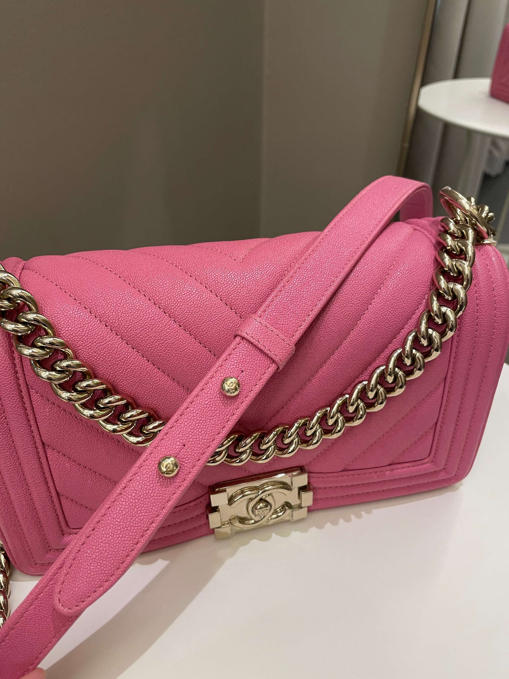 Chanel Chevron Boy Old Medium Pink Caviar