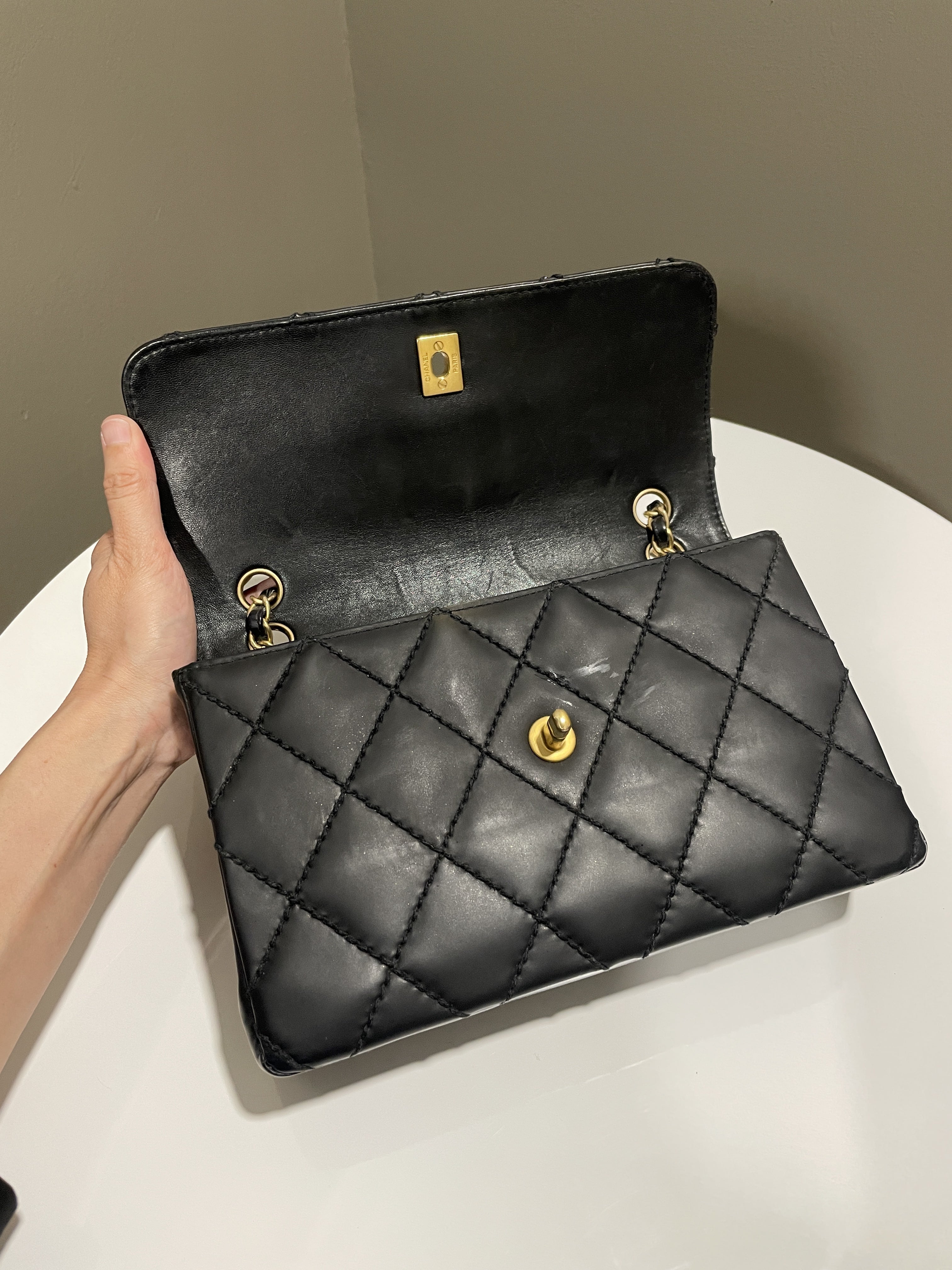 Chanel Quilted Cc Flap Bag Black Patent