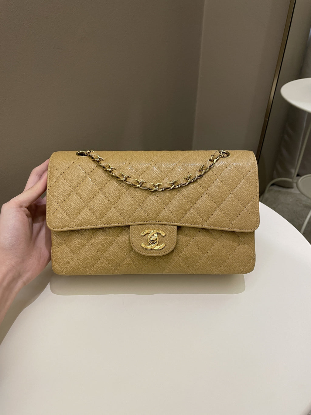 Chanel Vintage Classic Quilted Medium Double Flap Dark Beige Caviar