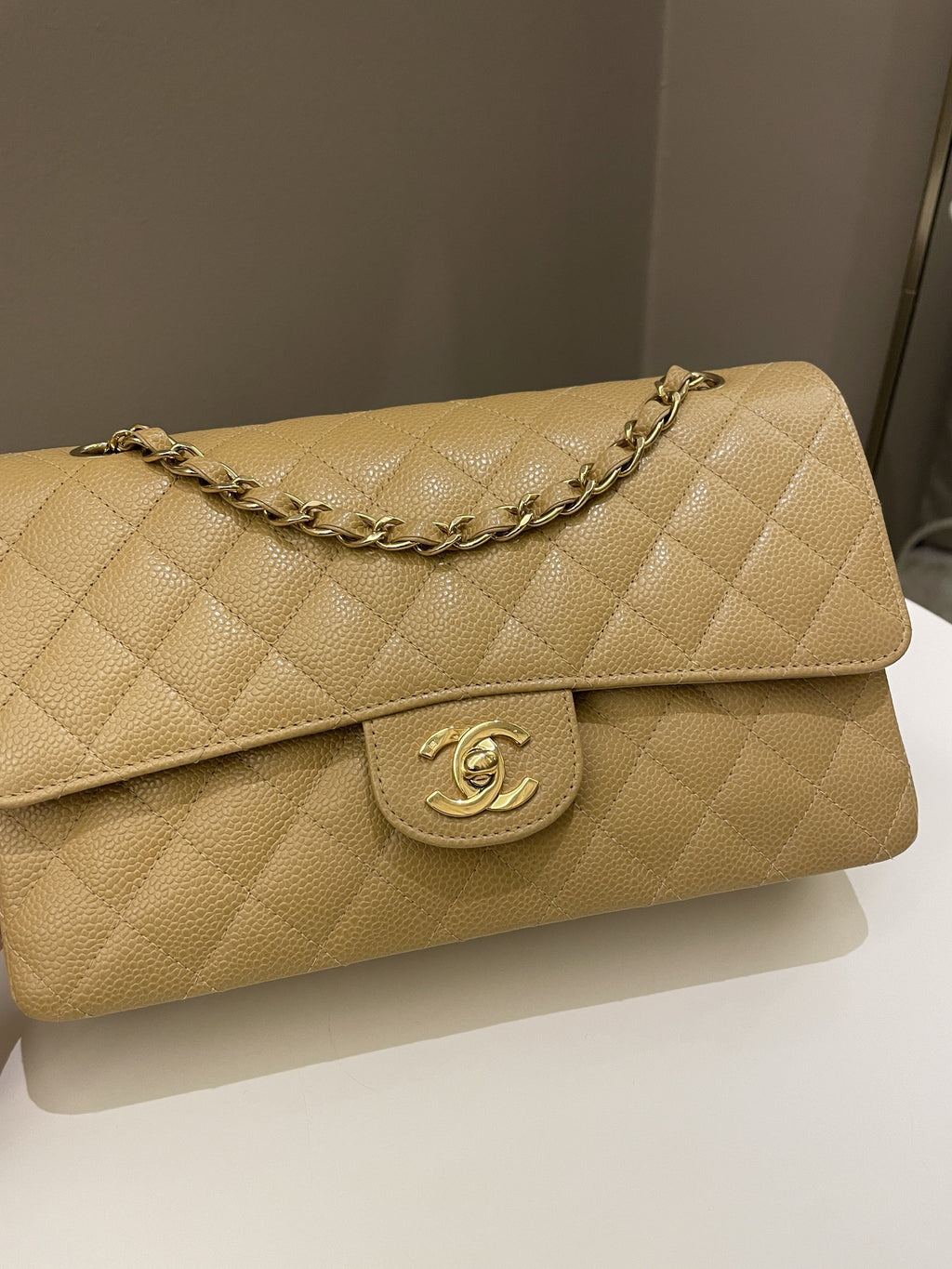 Chanel Vintage Classic Quilted Medium Double Flap Dark Beige Caviar
