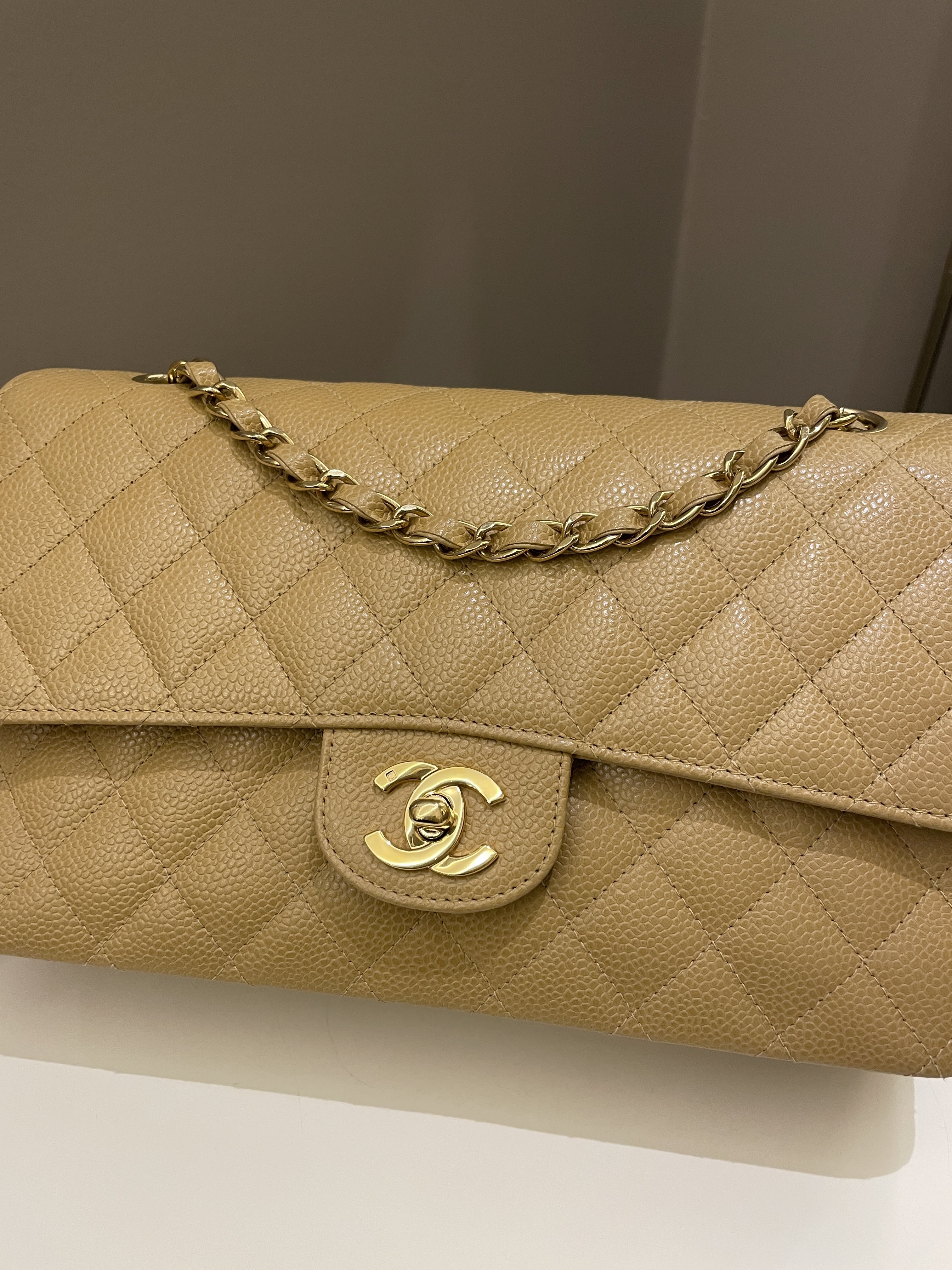 Chanel Vintage Classic Quilted Medium Double Flap Dark Beige Caviar