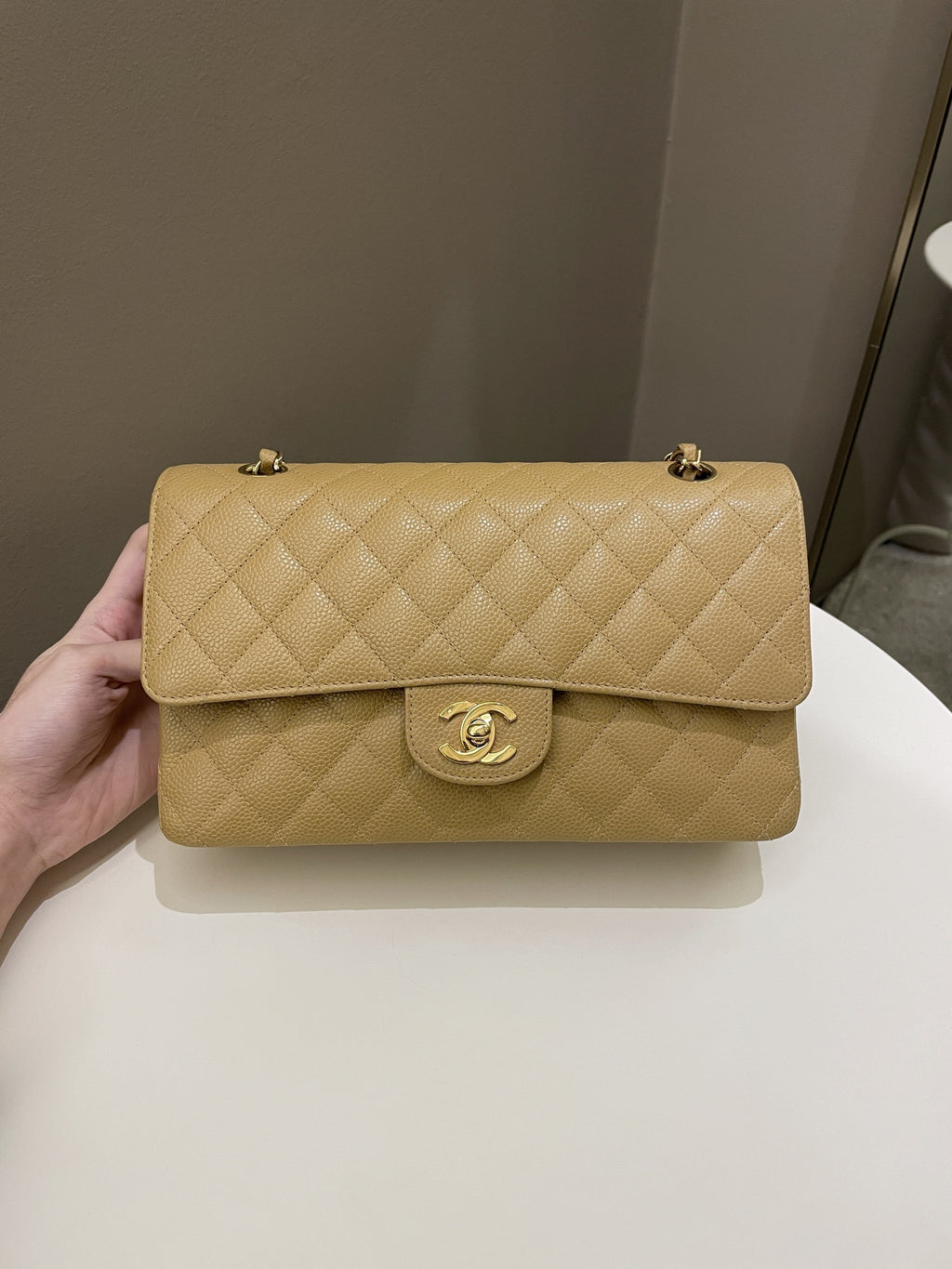 Chanel Vintage Classic Quilted Medium Double Flap Dark Beige Caviar