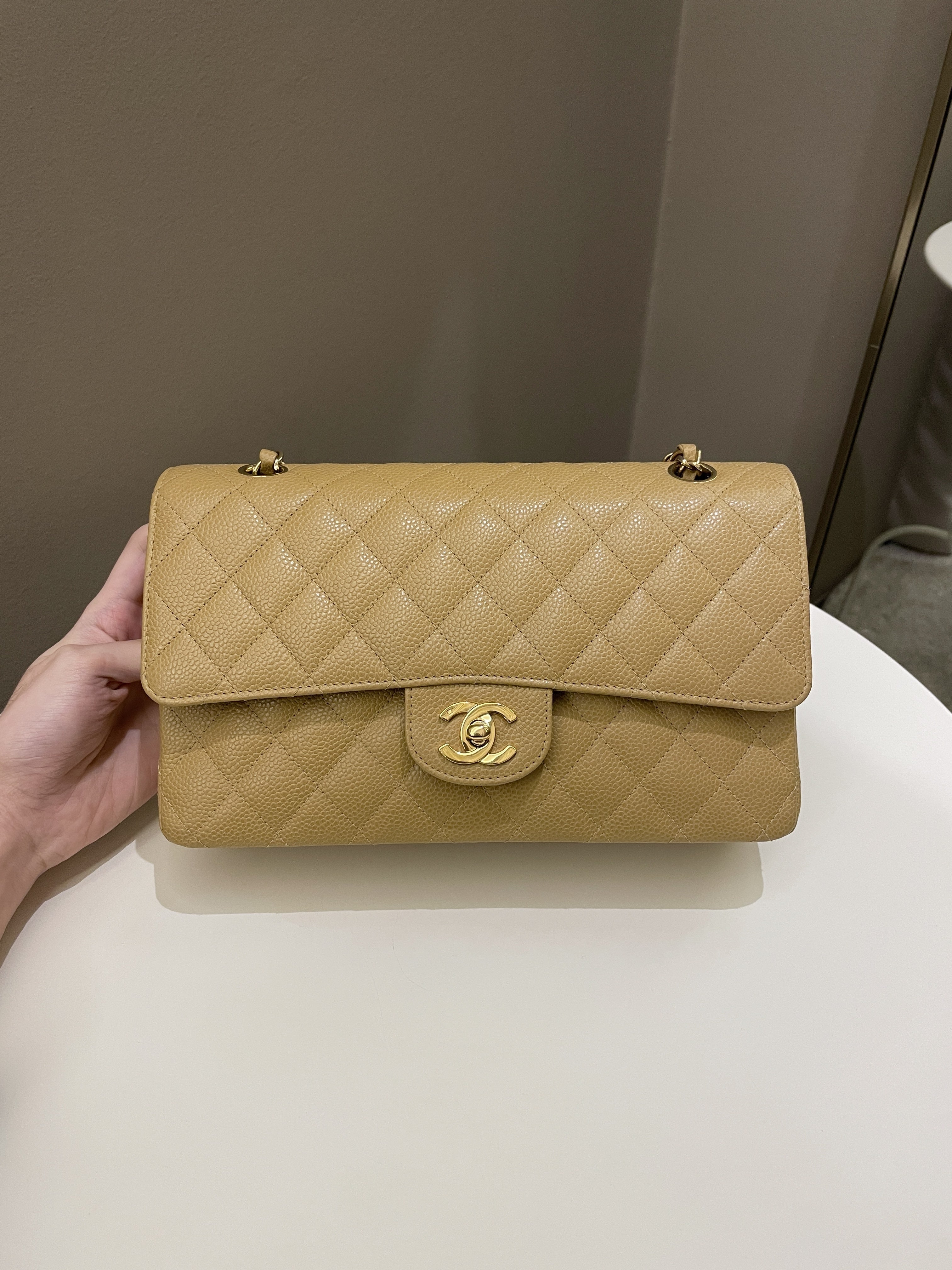 Chanel Vintage Classic Quilted Medium Double Flap Dark Beige Caviar