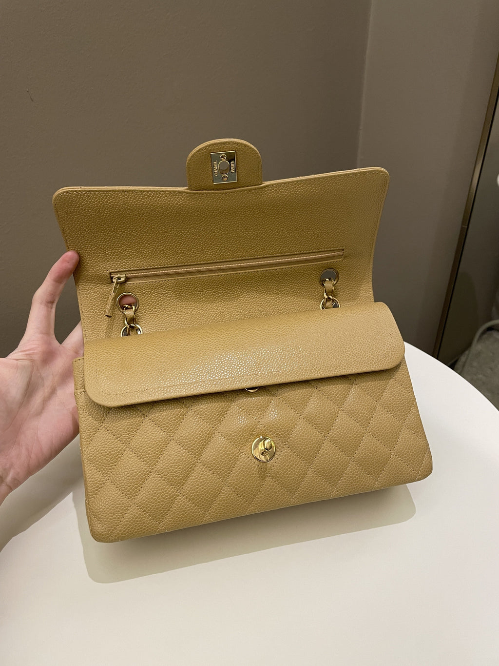 Chanel Vintage Classic Quilted Medium Double Flap Dark Beige Caviar