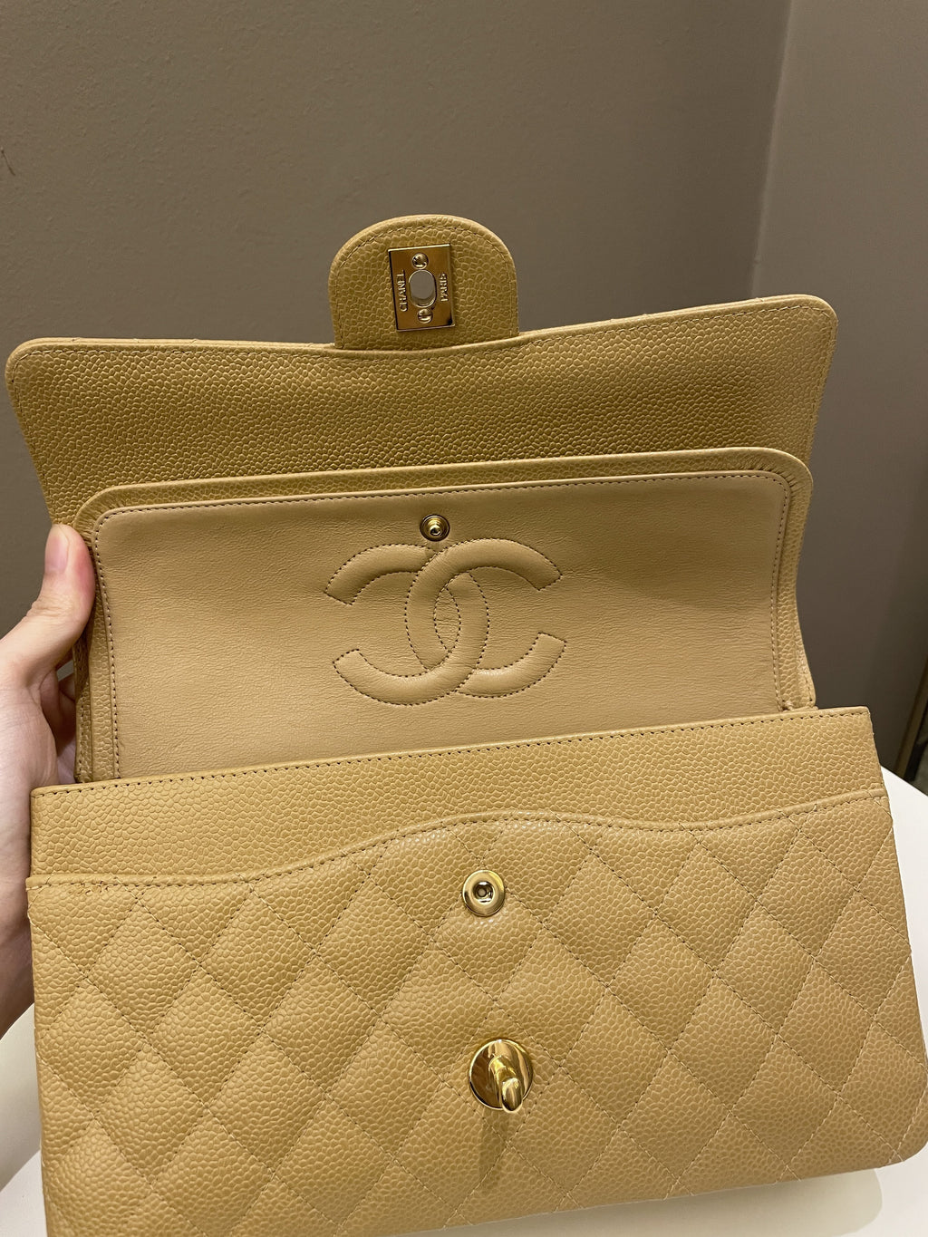 Chanel Vintage Classic Quilted Medium Double Flap Dark Beige Caviar