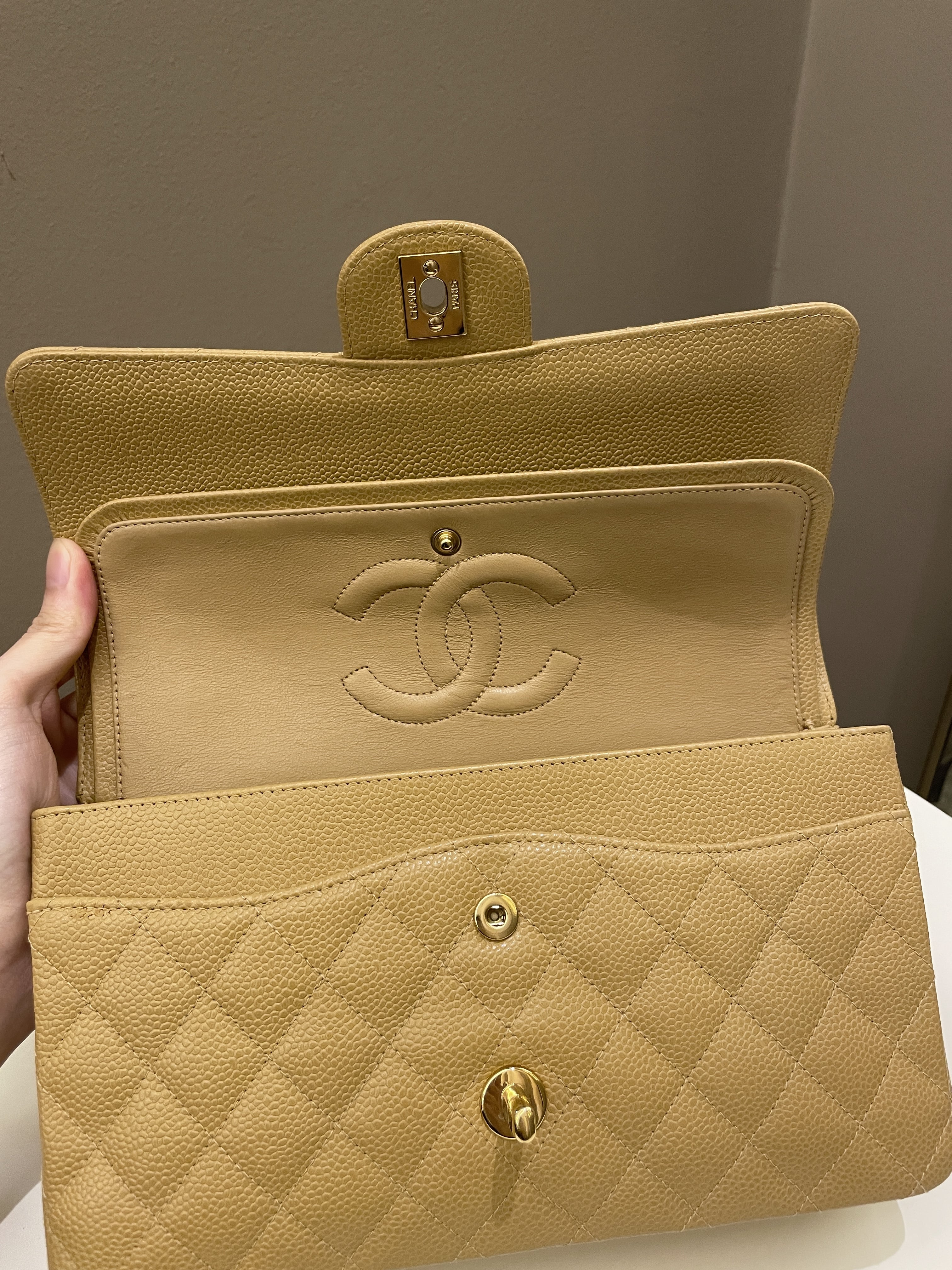 Chanel Vintage Classic Quilted Medium Double Flap Dark Beige Caviar