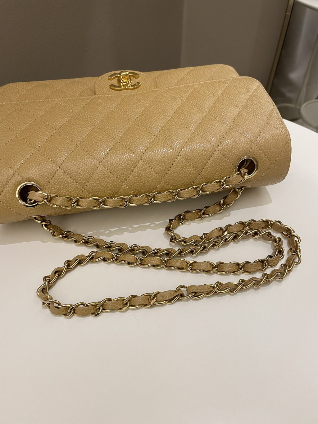 Chanel Vintage Classic Quilted Medium Double Flap Dark Beige Caviar