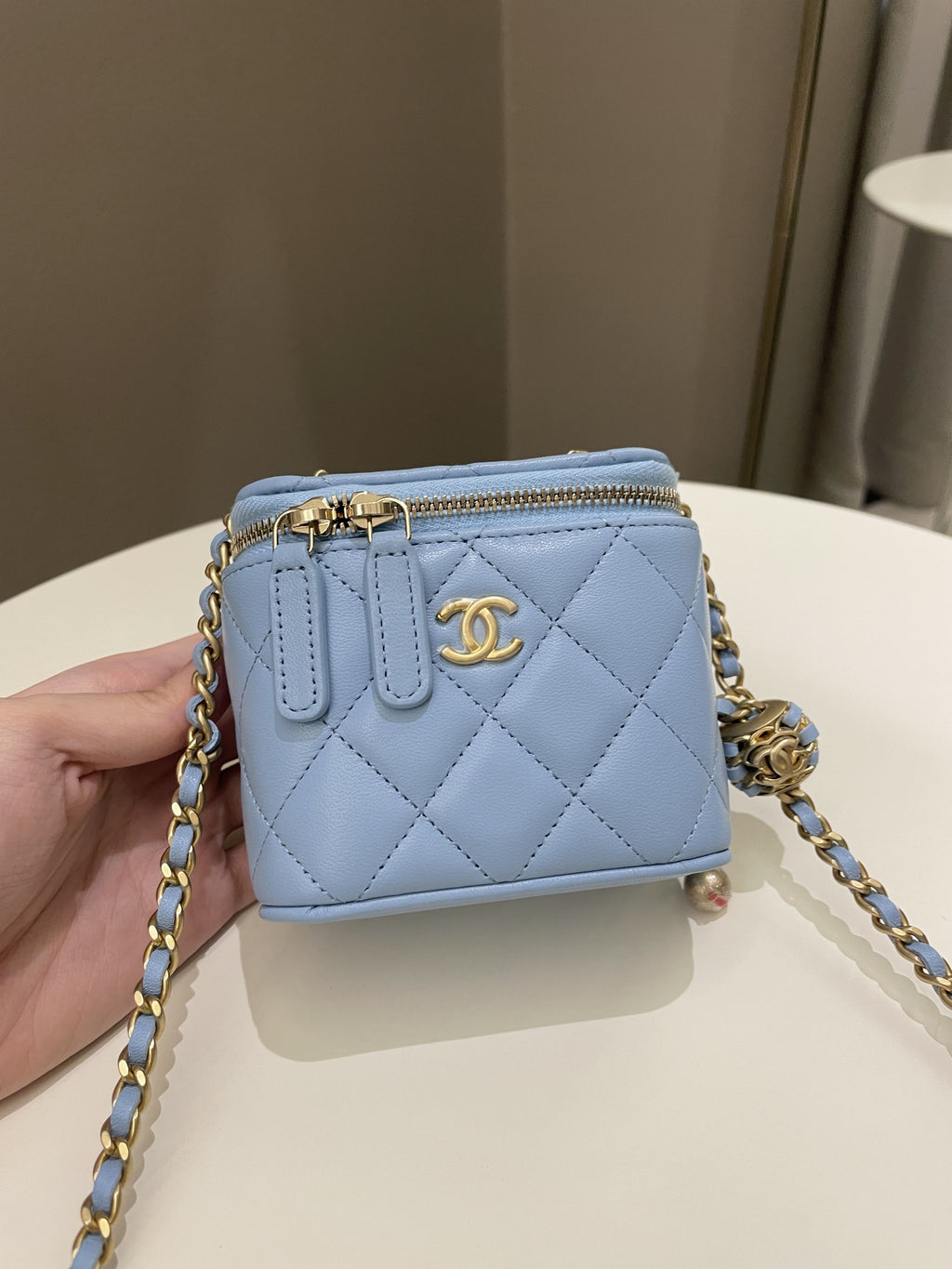 Chanel Quilted Pearl Crush Mini Vanity Cube Sky Blue Lambskin