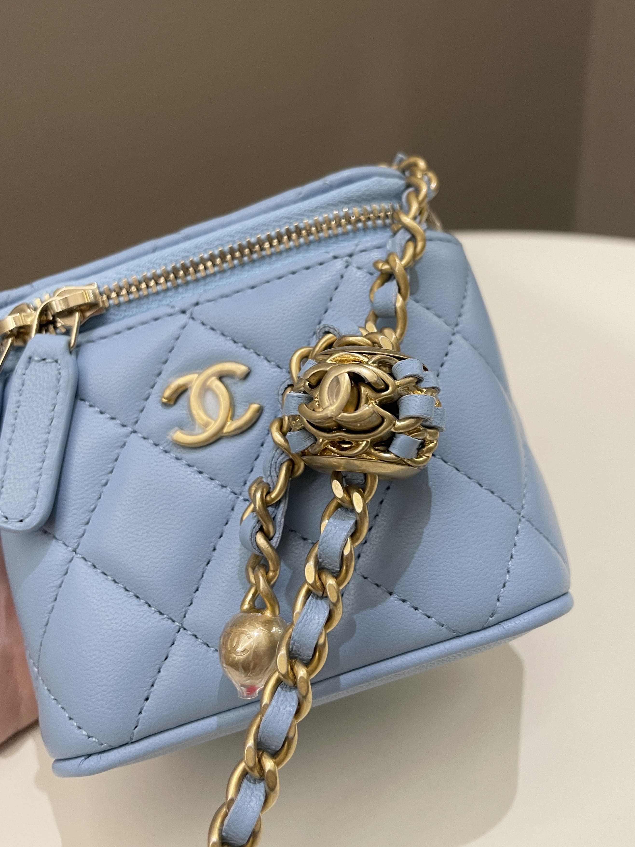 Chanel Quilted Pearl Crush Mini Vanity Cube Sky Blue Lambskin
