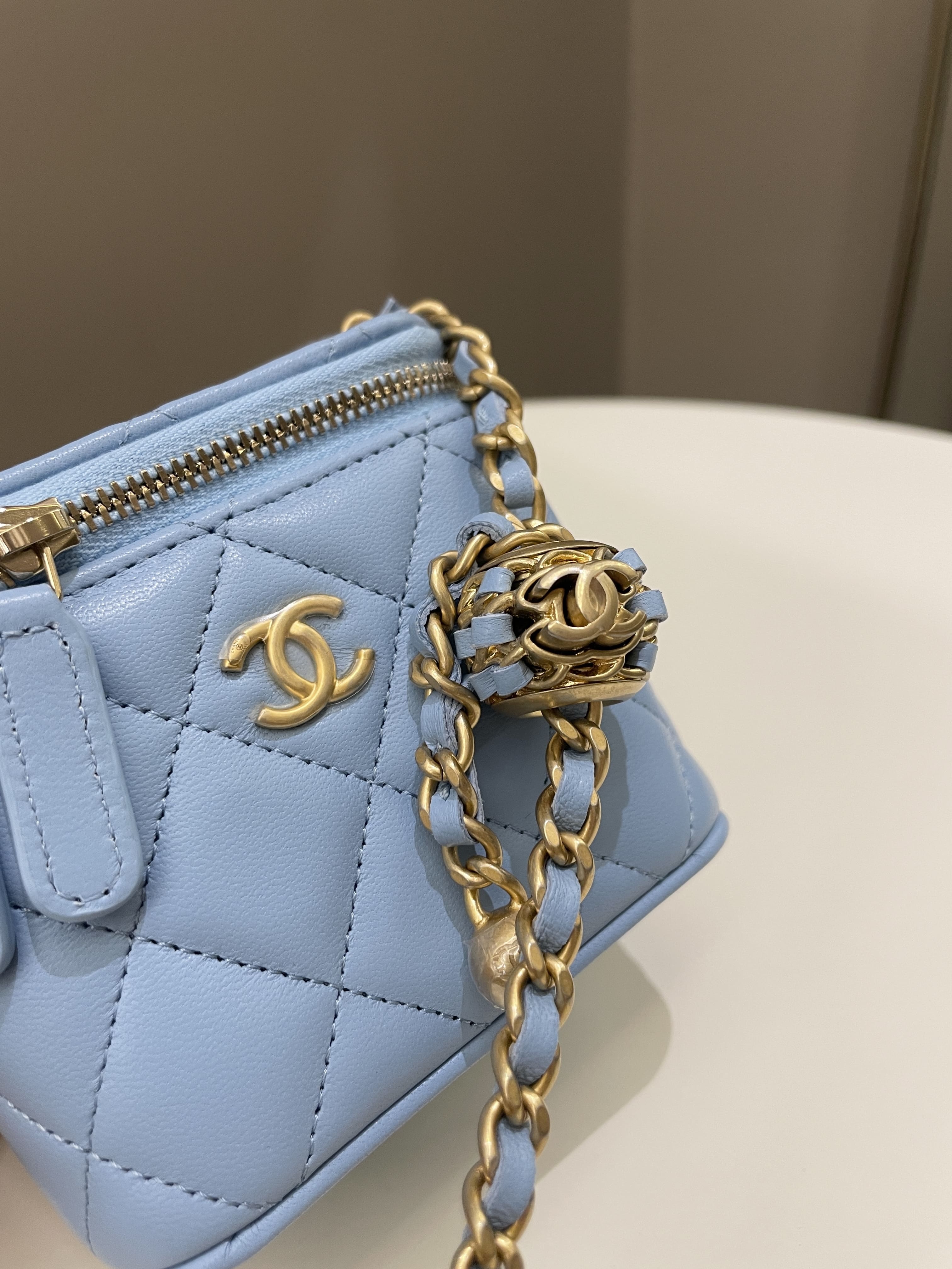 Chanel Quilted Pearl Crush Mini Vanity Cube Sky Blue Lambskin