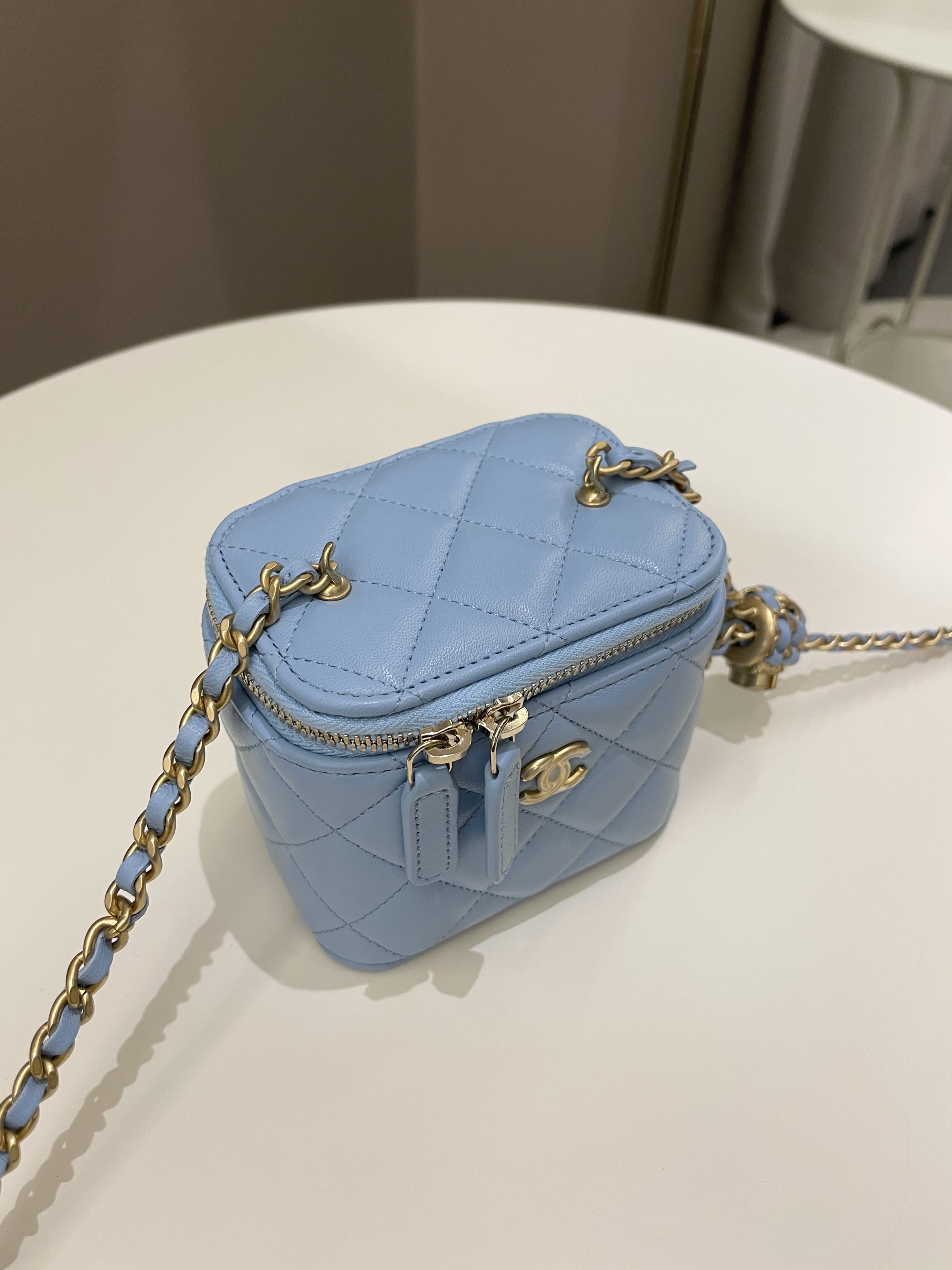 Chanel Quilted Pearl Crush Mini Vanity Cube Sky Blue Lambskin