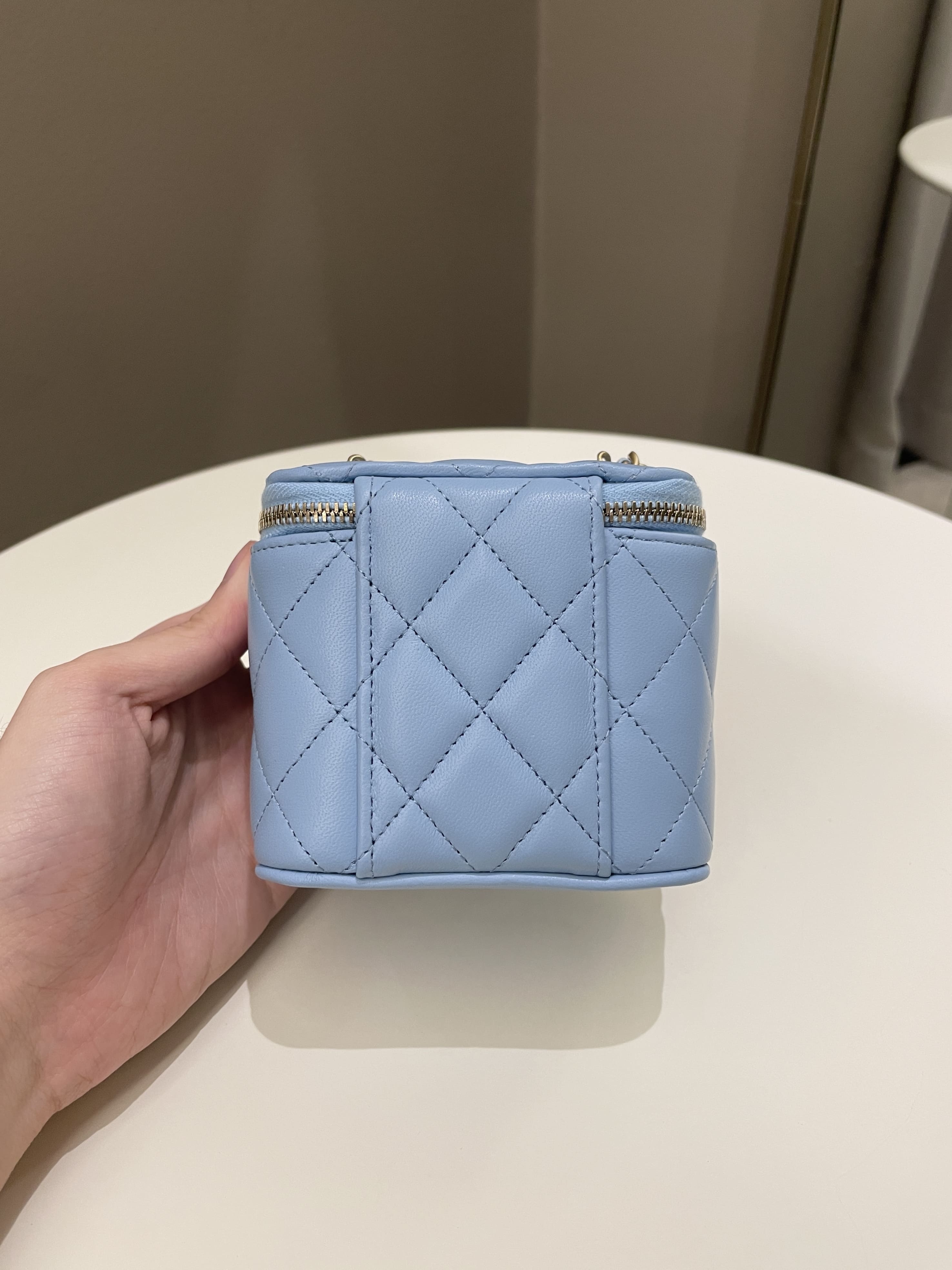 Chanel Quilted Pearl Crush Mini Vanity Cube Sky Blue Lambskin