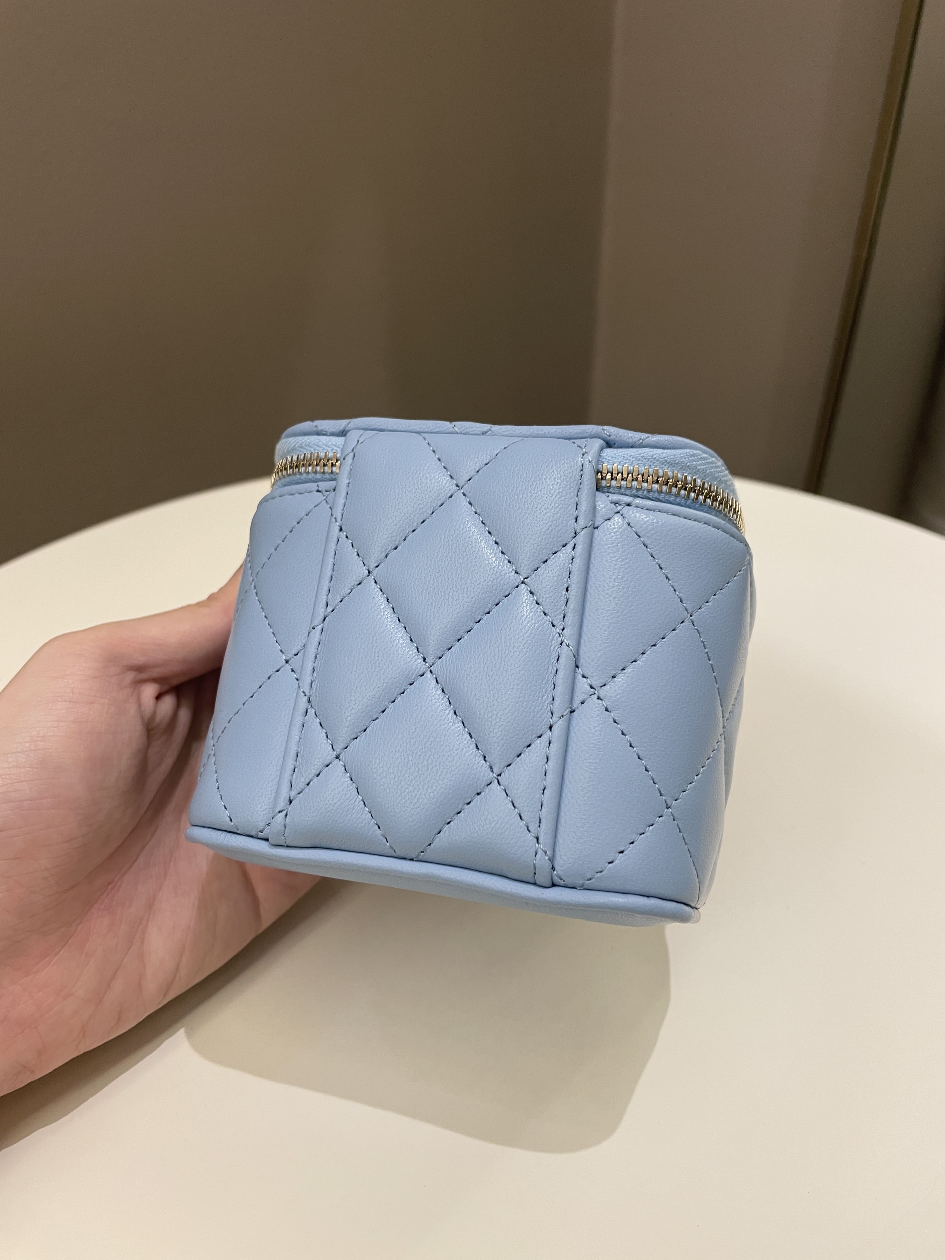 Chanel Quilted Pearl Crush Mini Vanity Cube Sky Blue Lambskin