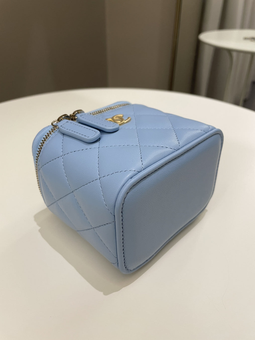 Chanel Quilted Pearl Crush Mini Vanity Cube Sky Blue Lambskin