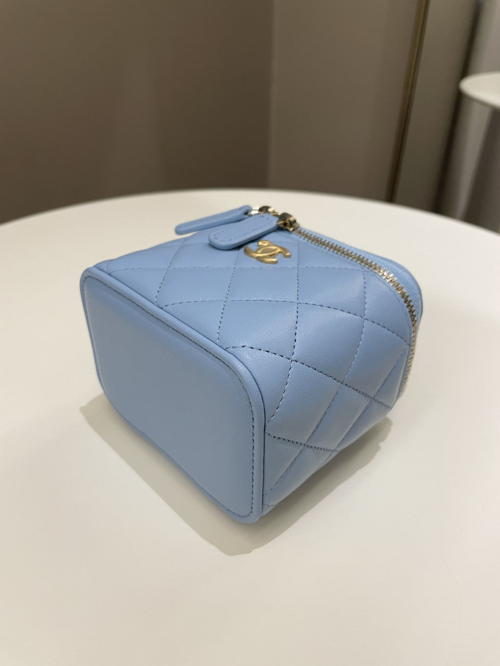 Chanel Quilted Pearl Crush Mini Vanity Cube Sky Blue Lambskin