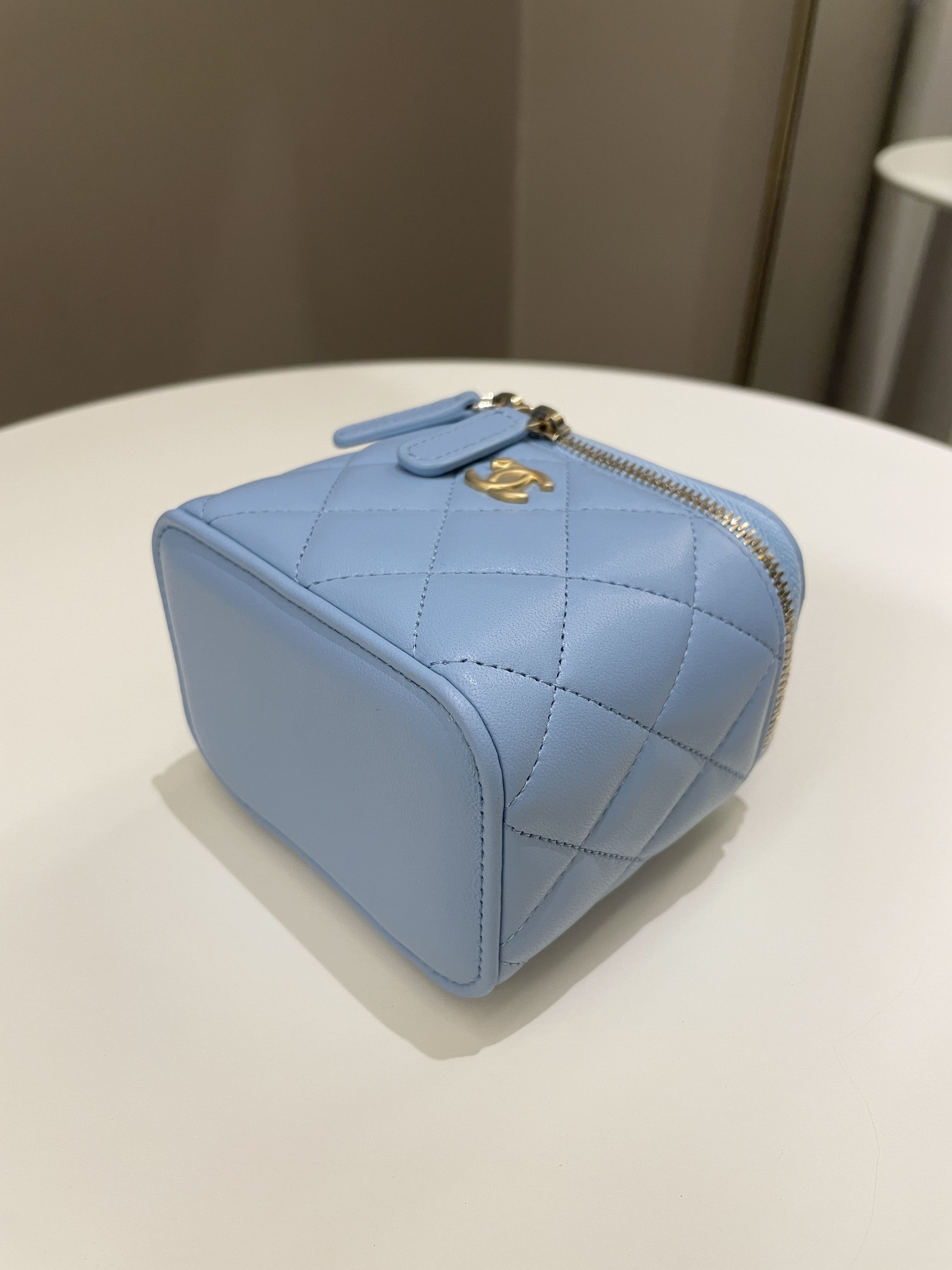 Chanel Quilted Pearl Crush Mini Vanity Cube Sky Blue Lambskin