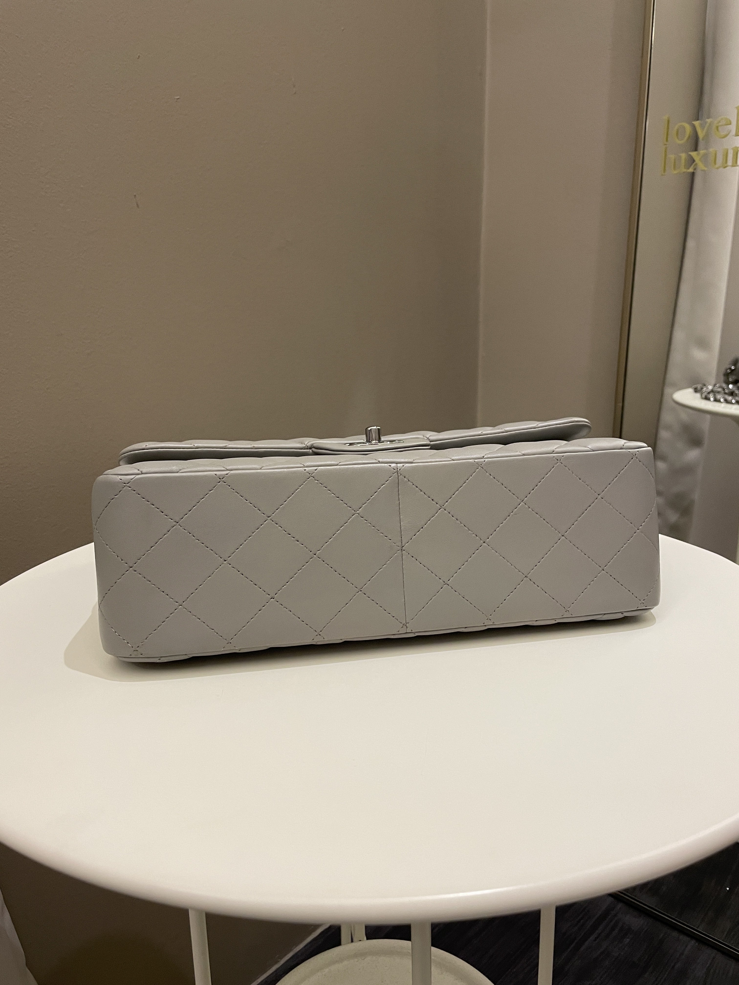 Chanel Classic Quilted Jumbo Double Flap Grey Lambskin