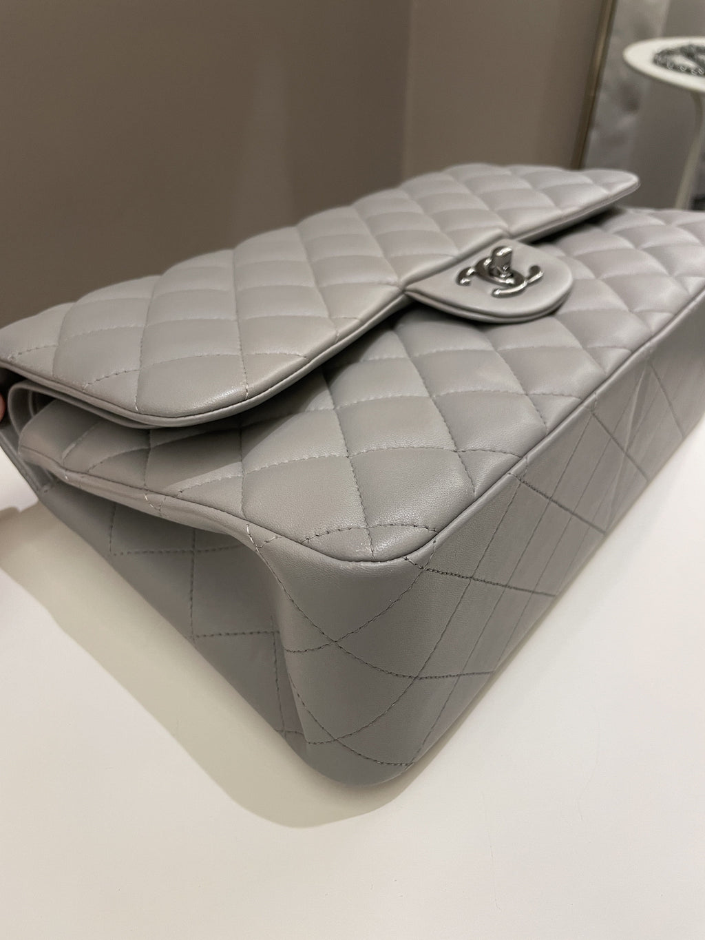 Chanel Classic Quilted Jumbo Double Flap Grey Lambskin