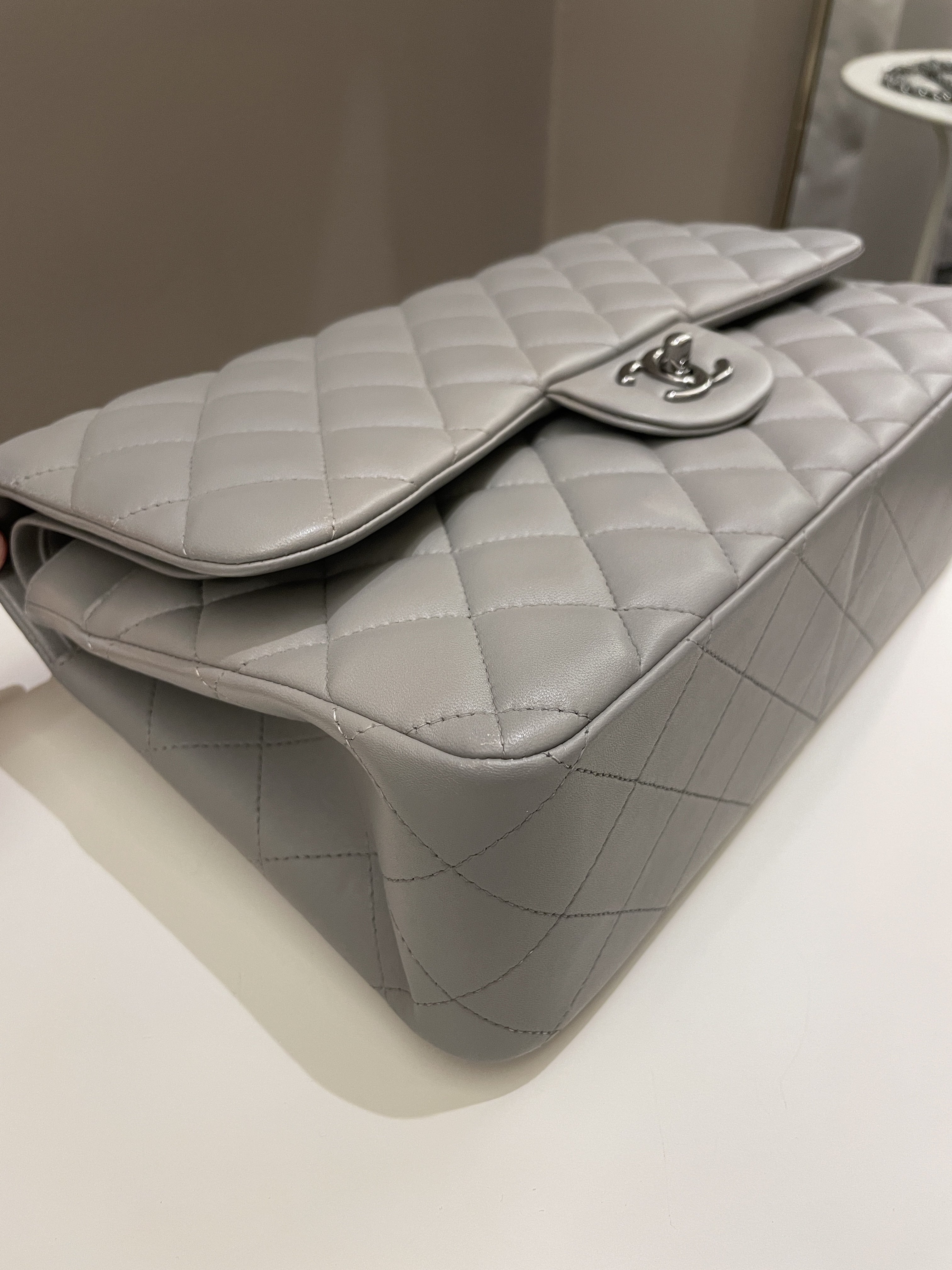 Chanel Classic Quilted Jumbo Double Flap Grey Lambskin