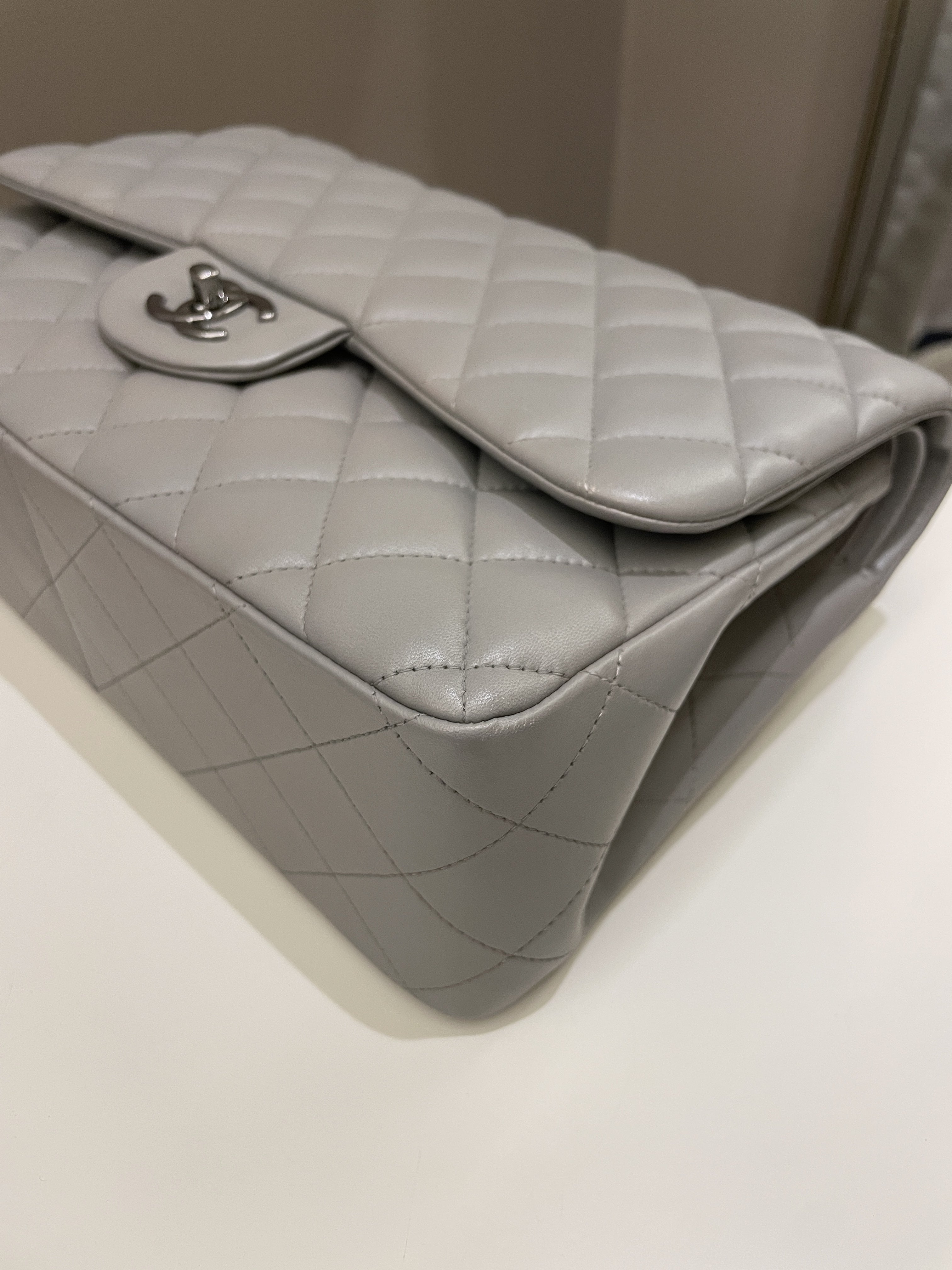Chanel Classic Quilted Jumbo Double Flap Grey Lambskin