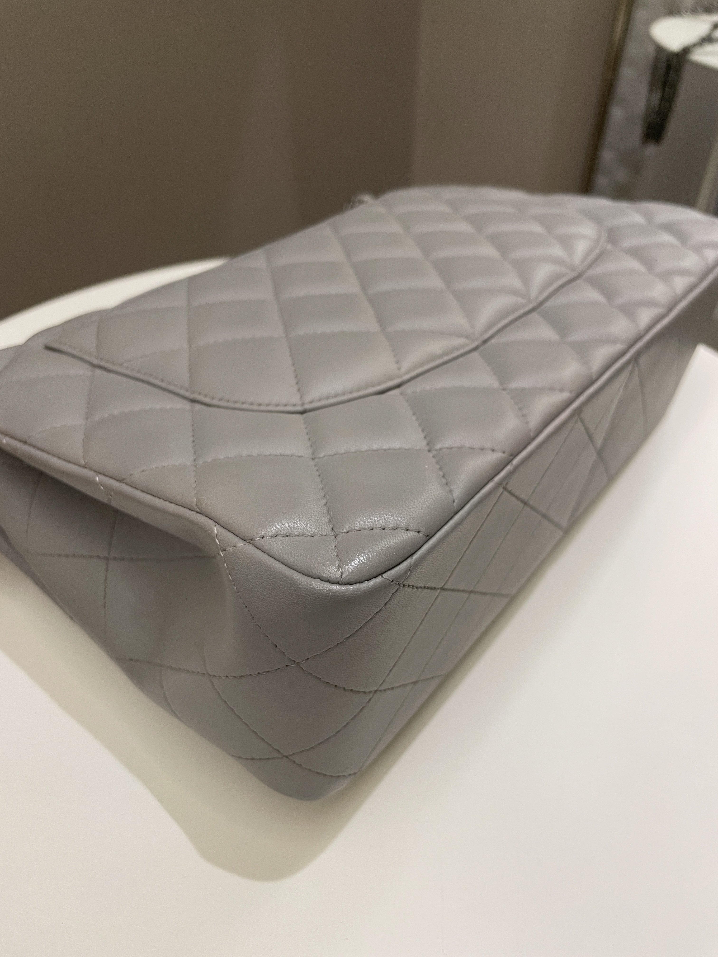 Chanel Classic Quilted Jumbo Double Flap Grey Lambskin