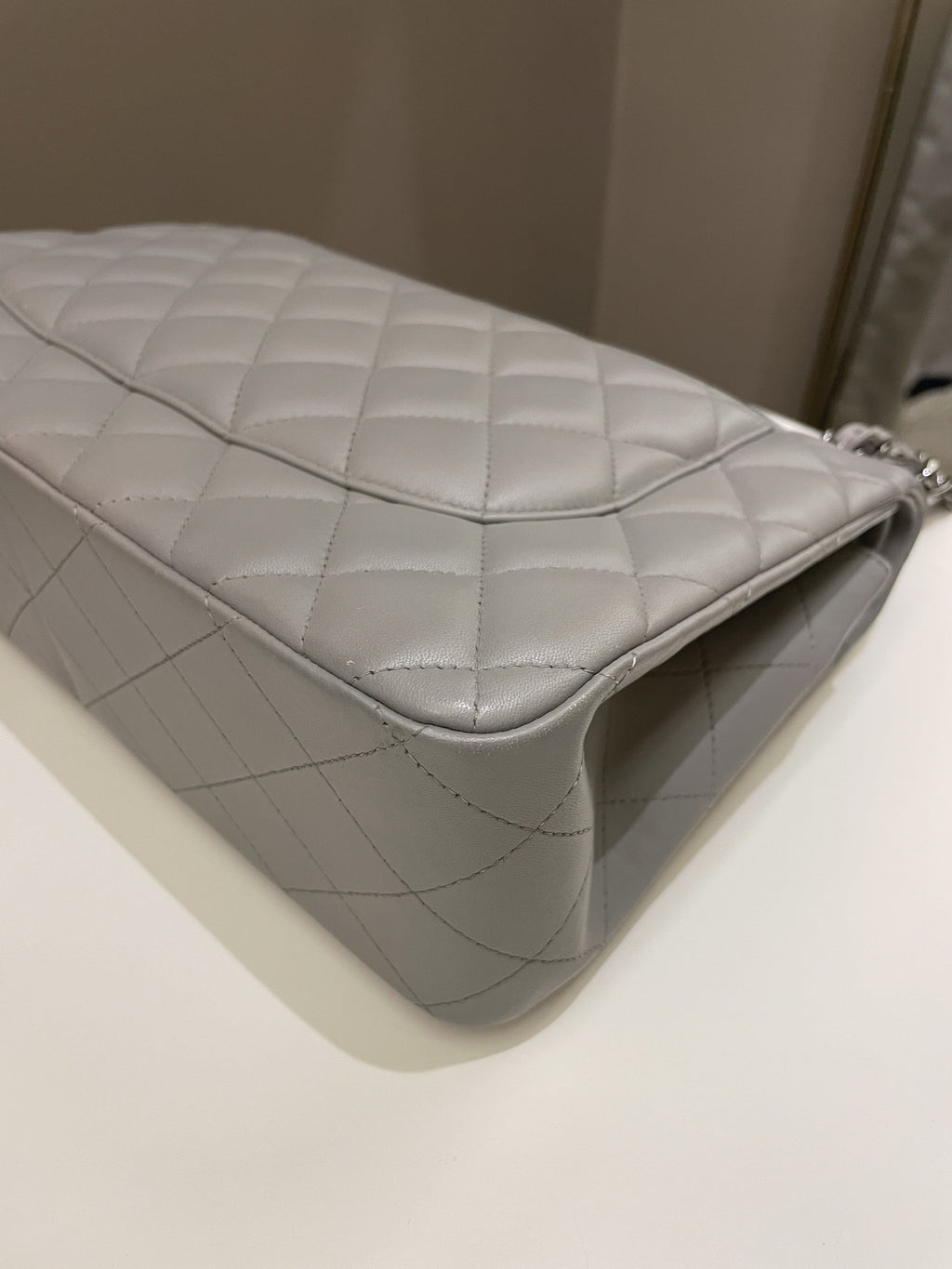 Chanel Classic Quilted Jumbo Double Flap Grey Lambskin