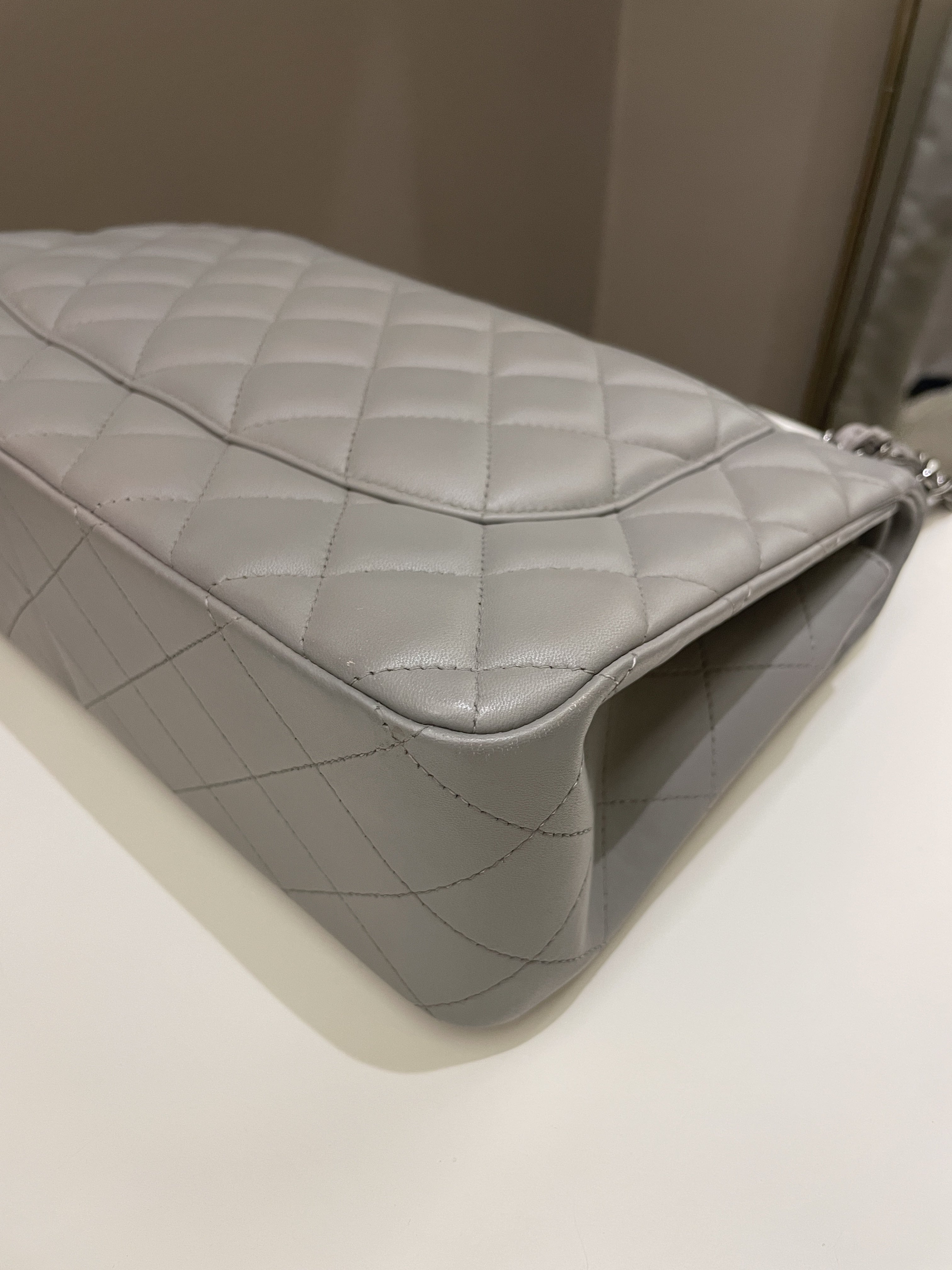 Chanel Classic Quilted Jumbo Double Flap Grey Lambskin
