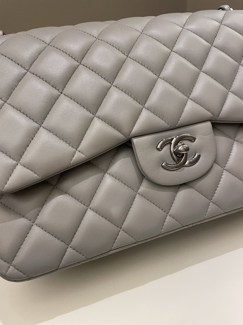 Chanel Classic Quilted Jumbo Double Flap Grey Lambskin