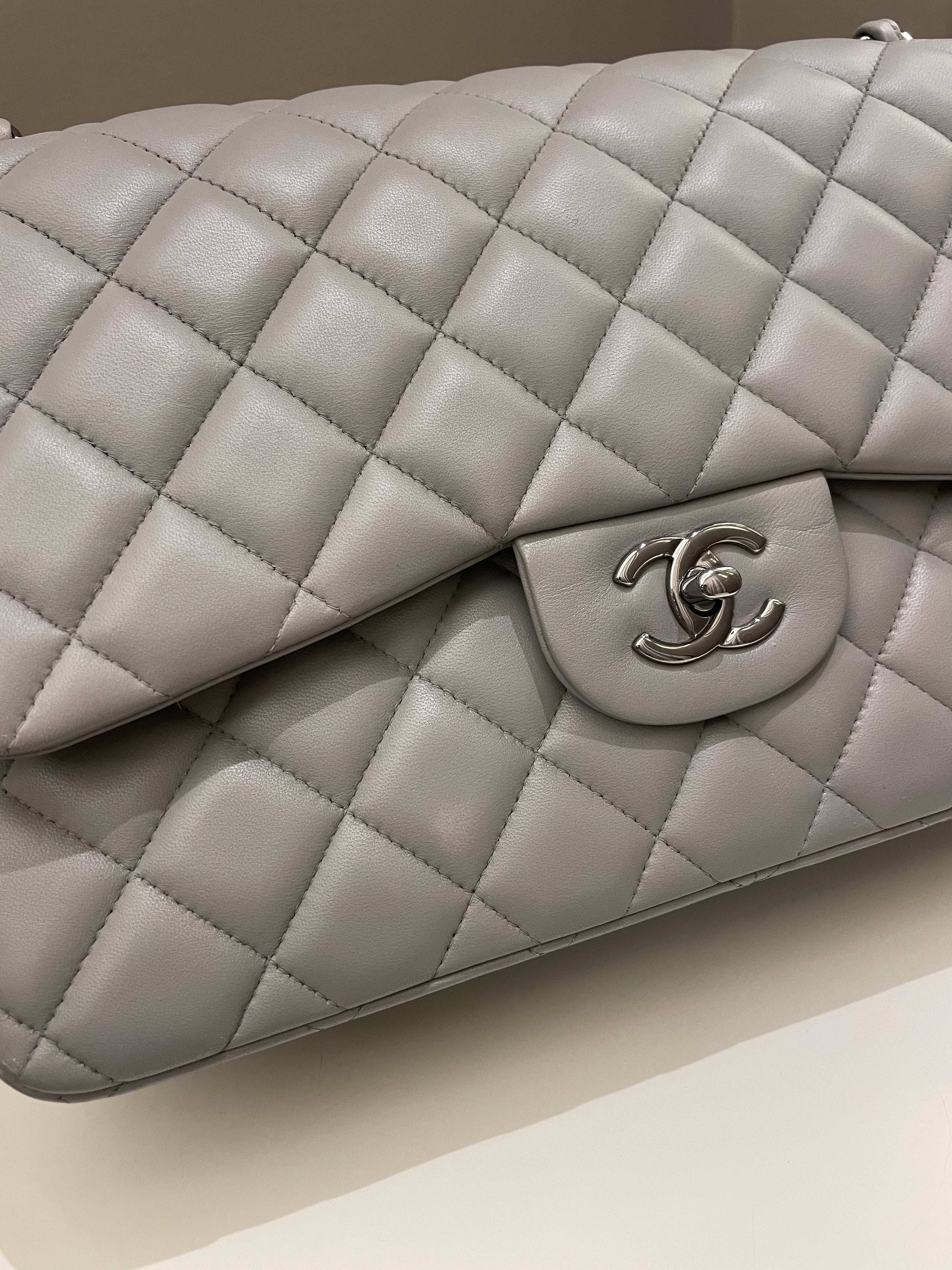 Chanel Classic Quilted Jumbo Double Flap Grey Lambskin