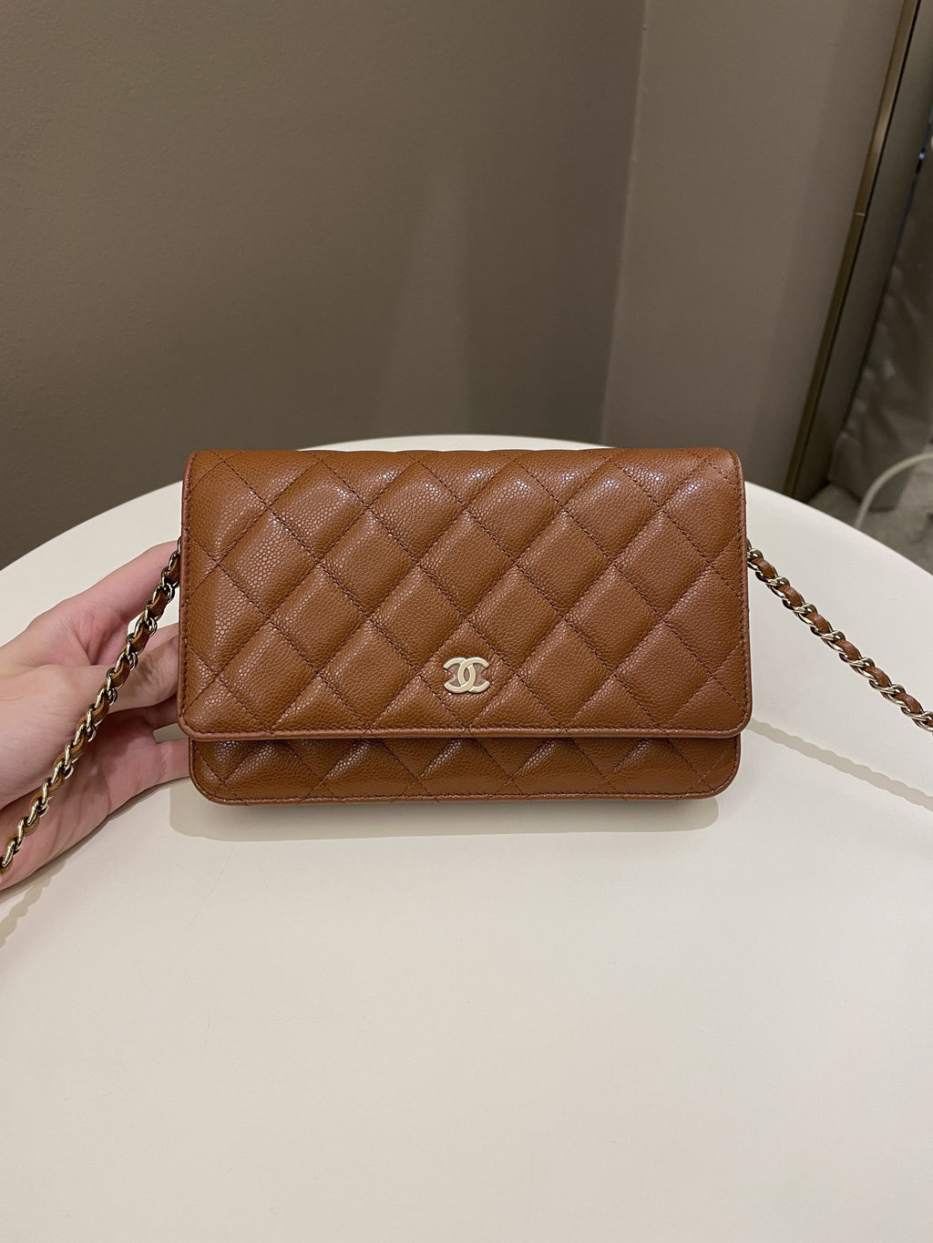 Chanel 23A Cc Quilted Wallet on Chain Tan Brown Caviar