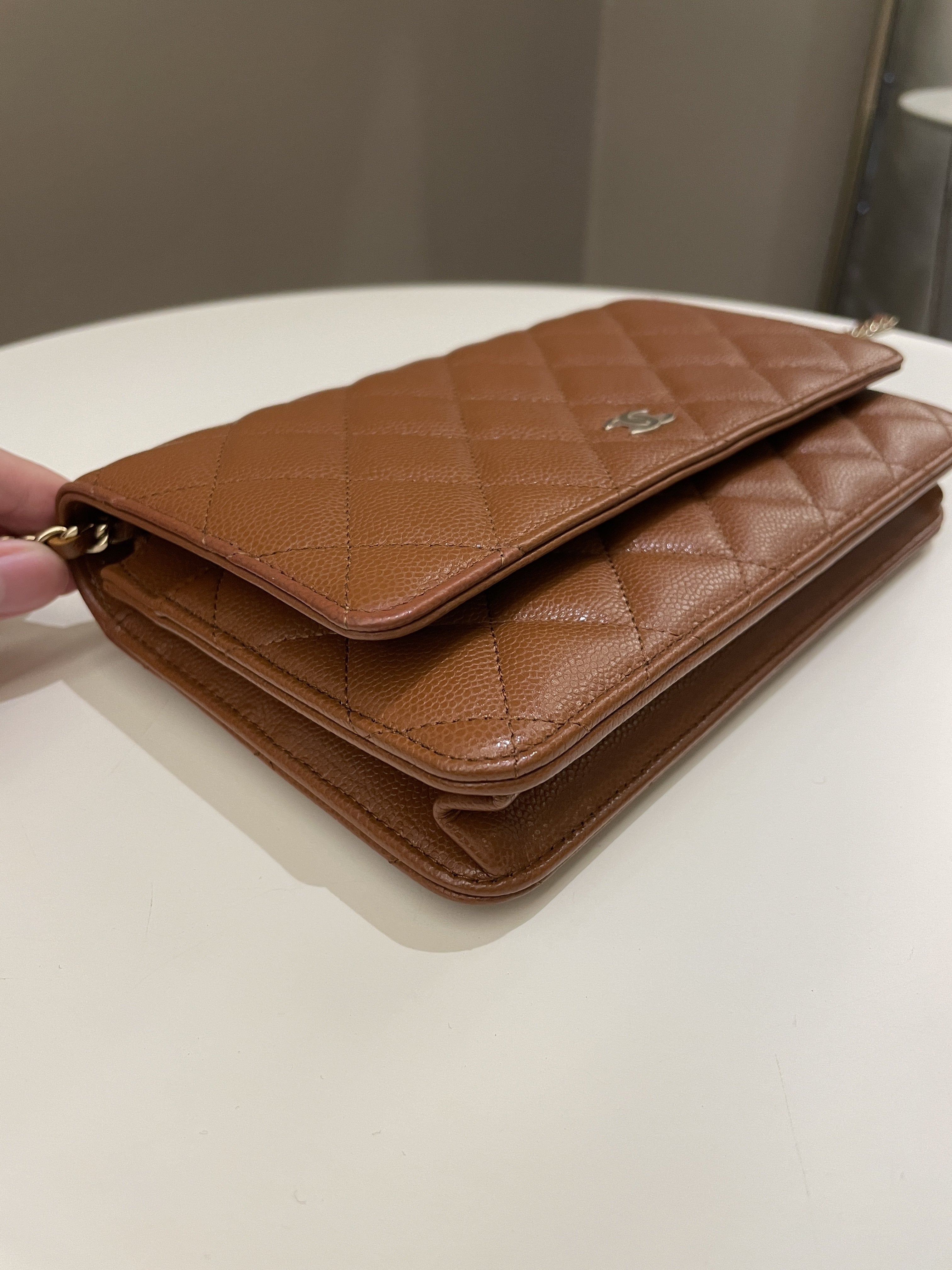 Chanel 23A Cc Quilted Wallet on Chain Tan Brown Caviar