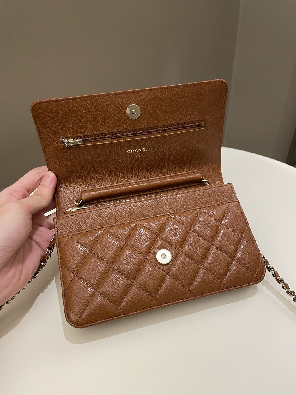 Chanel 23A Cc Quilted Wallet on Chain Tan Brown Caviar
