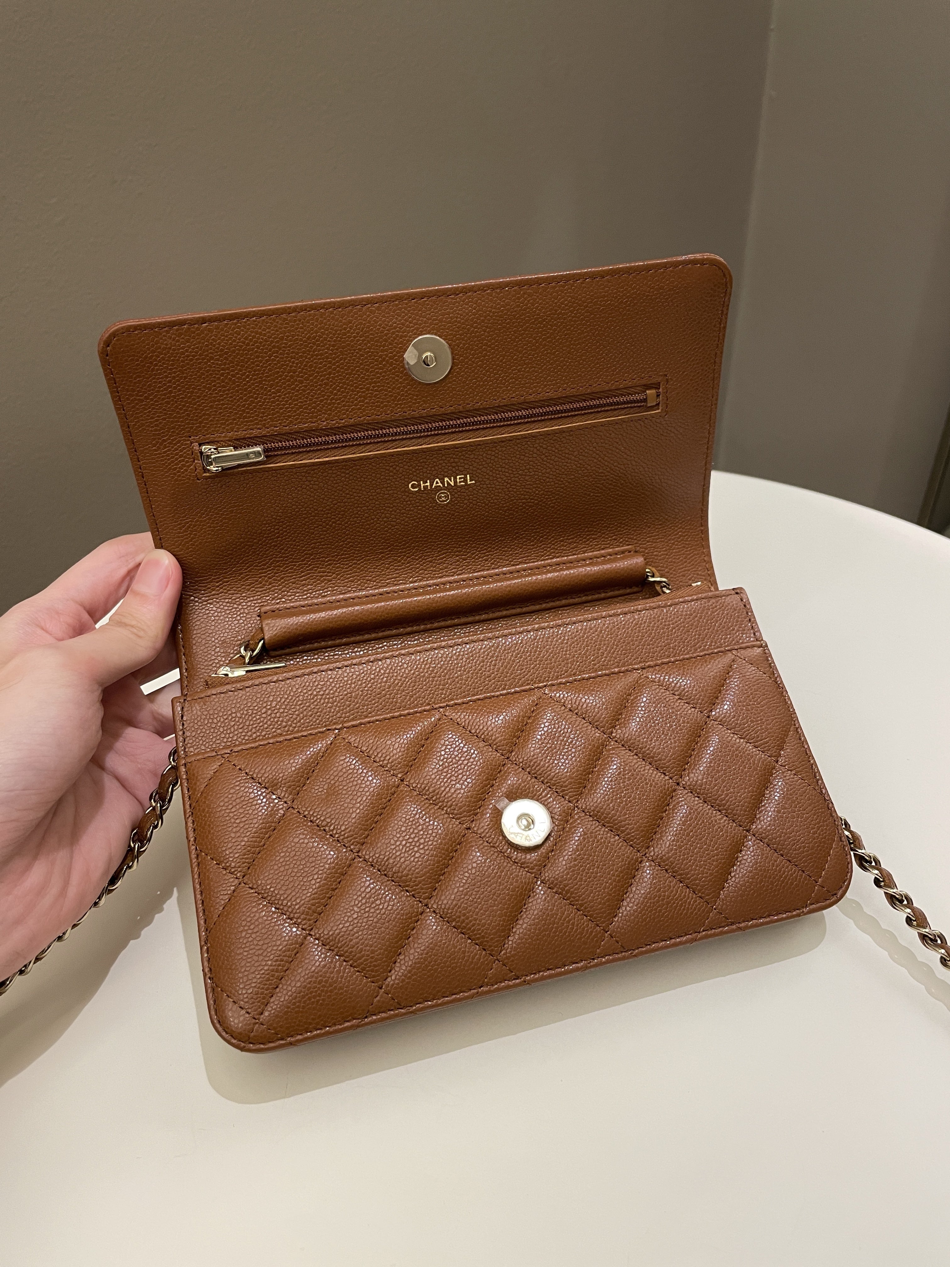 Chanel 23A Cc Quilted Wallet on Chain Tan Brown Caviar