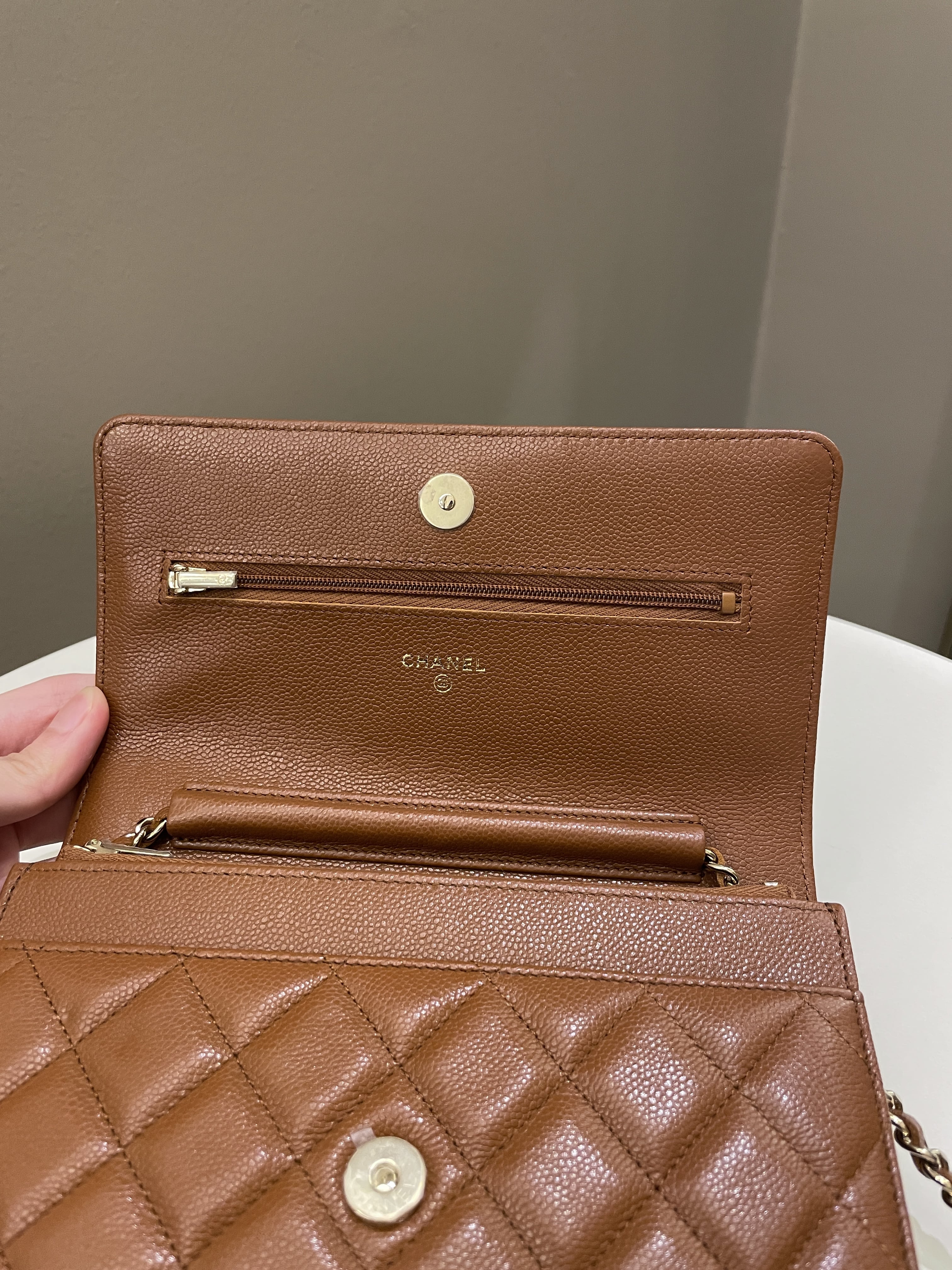 Chanel 23A Cc Quilted Wallet on Chain Tan Brown Caviar