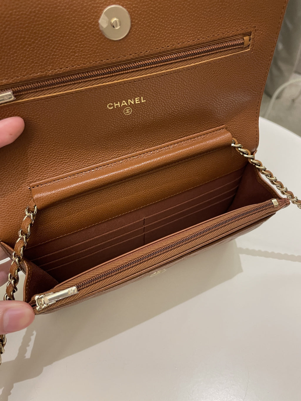 Chanel 23A Cc Quilted Wallet on Chain Tan Brown Caviar