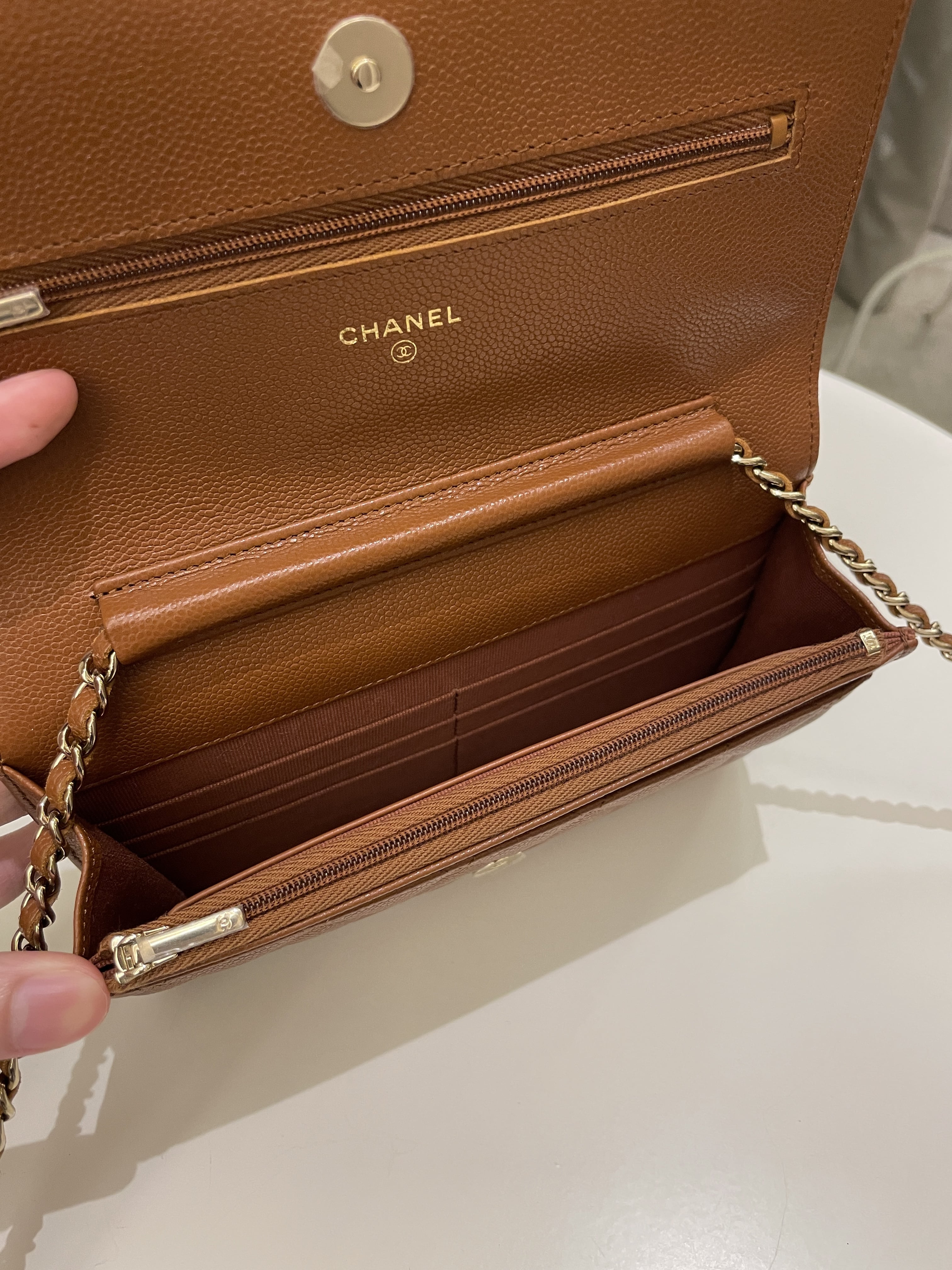 Chanel 23A Cc Quilted Wallet on Chain Tan Brown Caviar