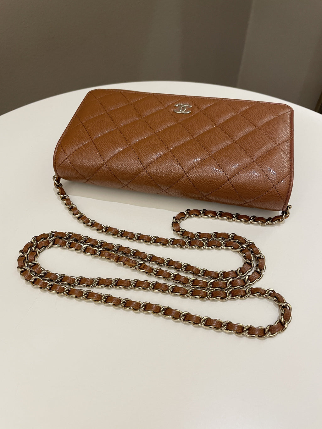 Chanel 23A Cc Quilted Wallet on Chain Tan Brown Caviar