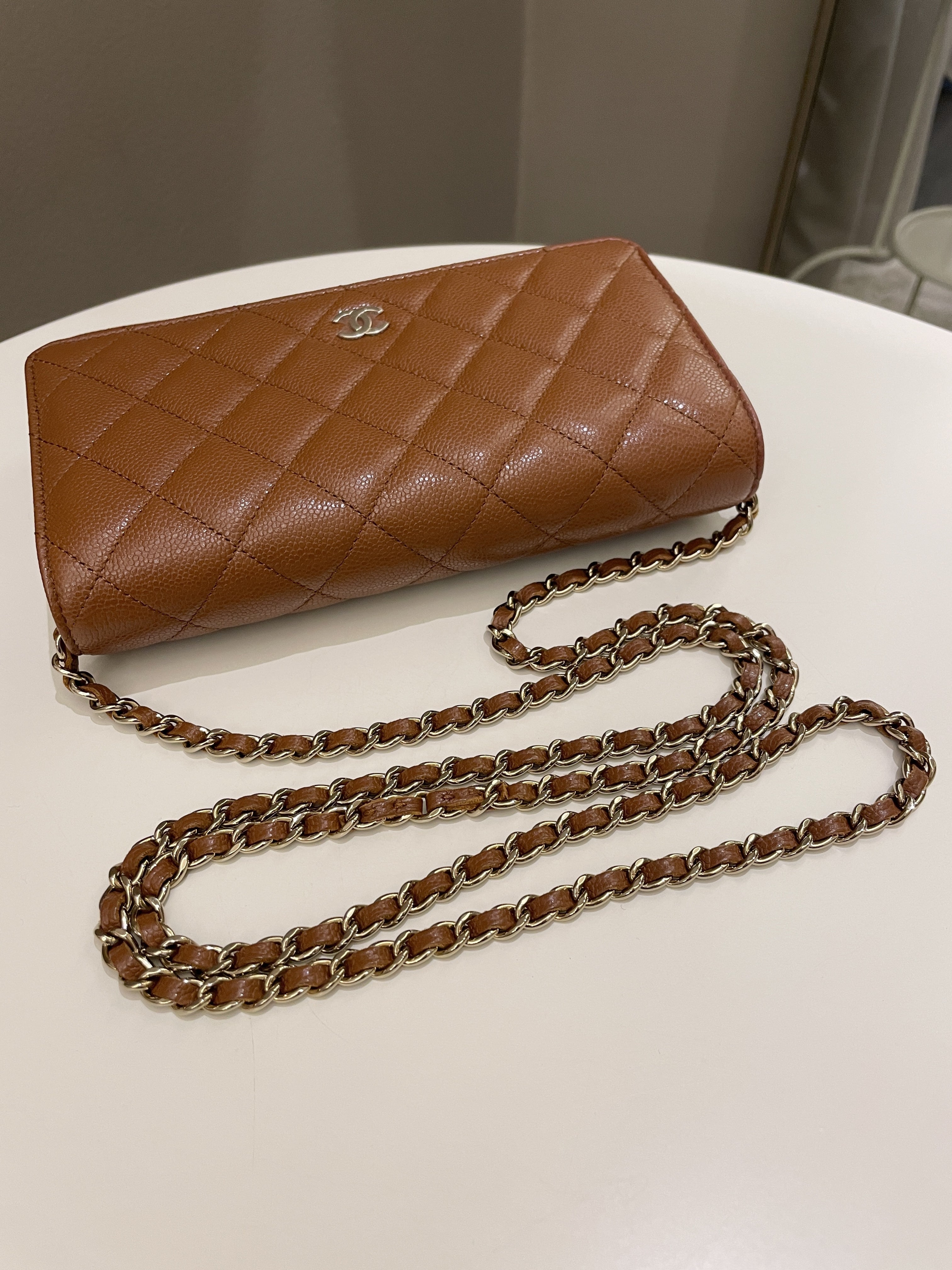 Chanel 23A Cc Quilted Wallet on Chain Tan Brown Caviar