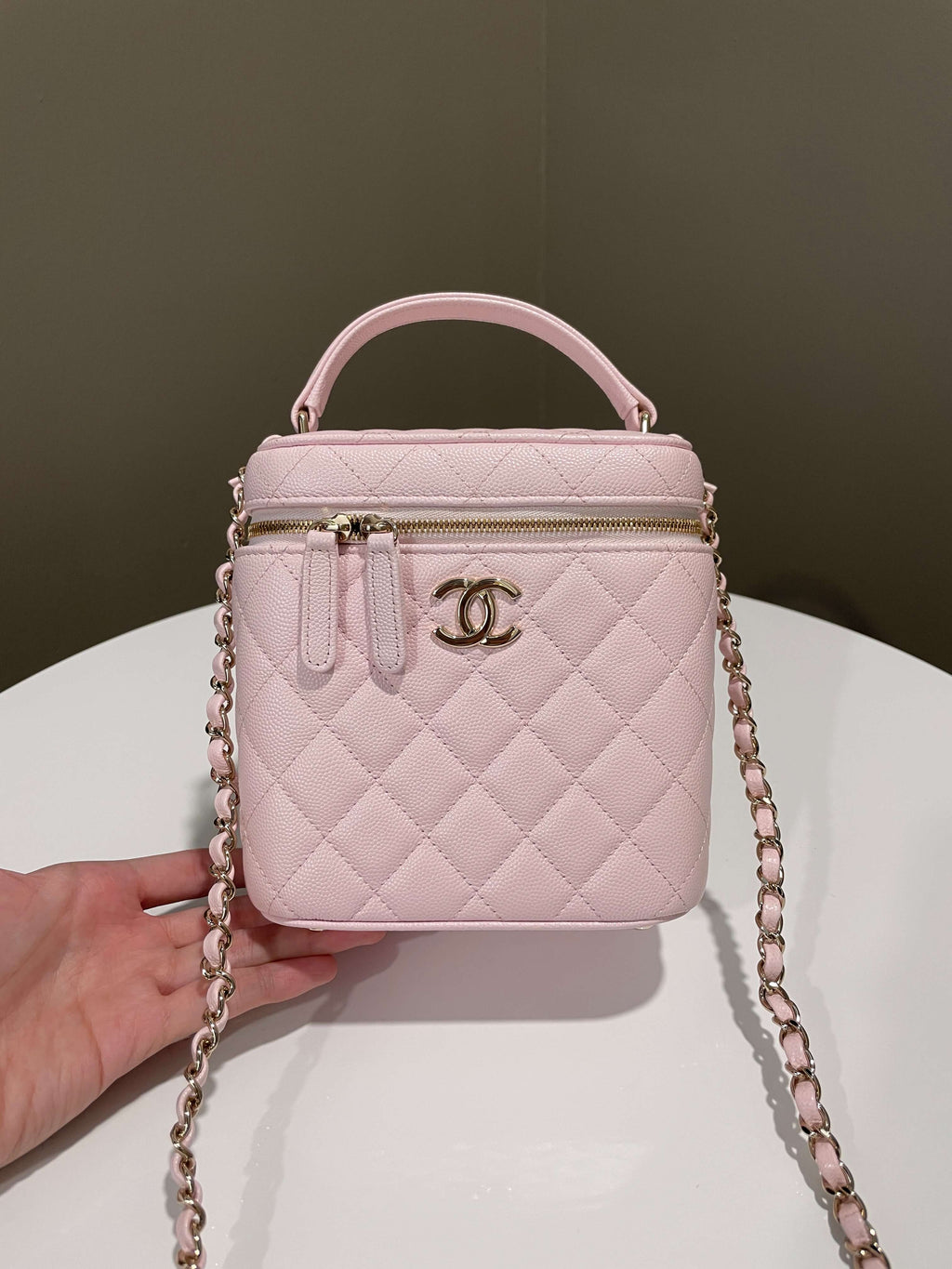 Chanel 22S Top Handle Vanity Bag Rose Clair Caviar