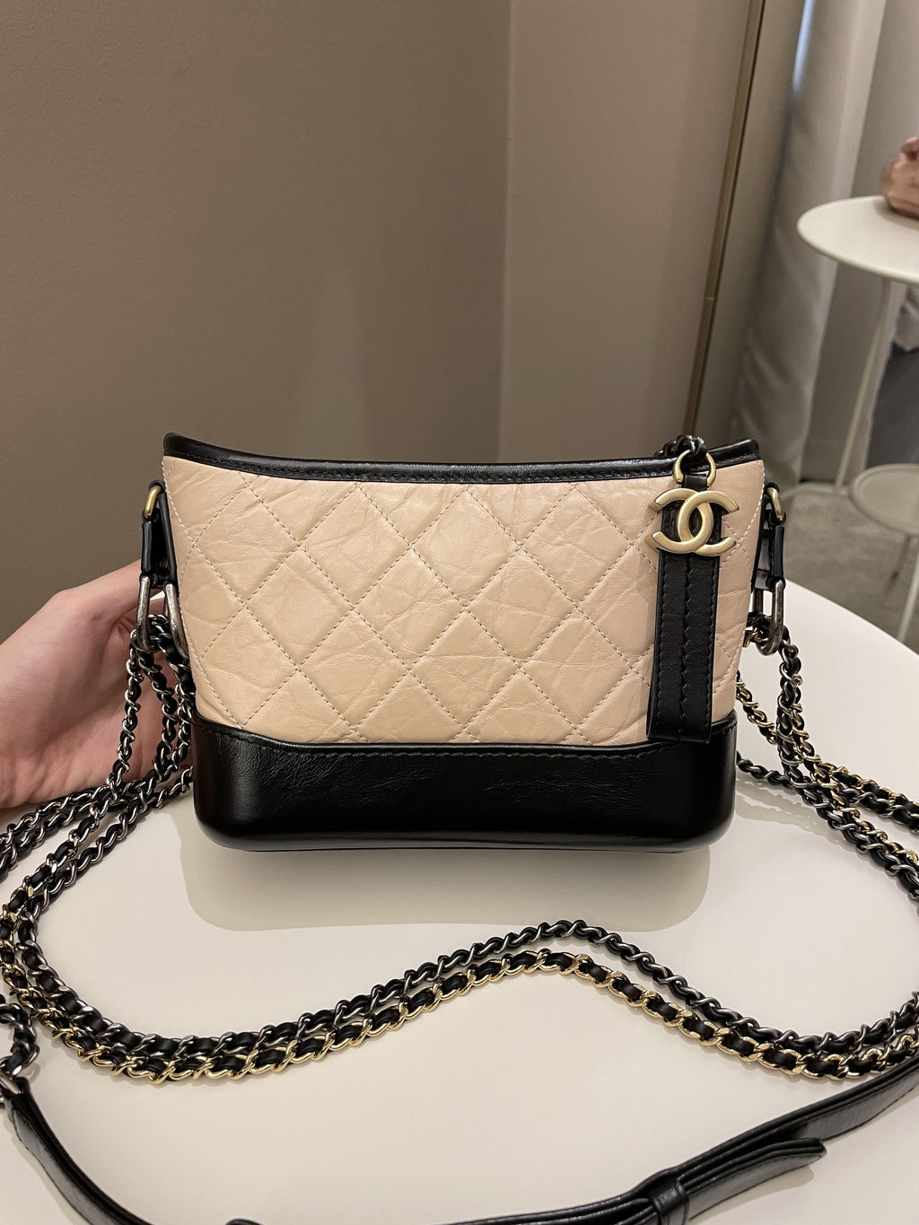 Chanel Quilted Gabrielle Hobo Beige/ Black Aged Calfskin