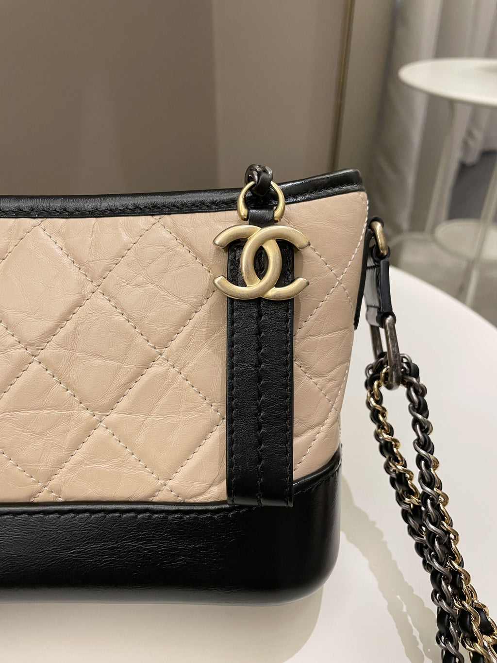 Chanel Quilted Gabrielle Hobo Beige/ Black Aged Calfskin