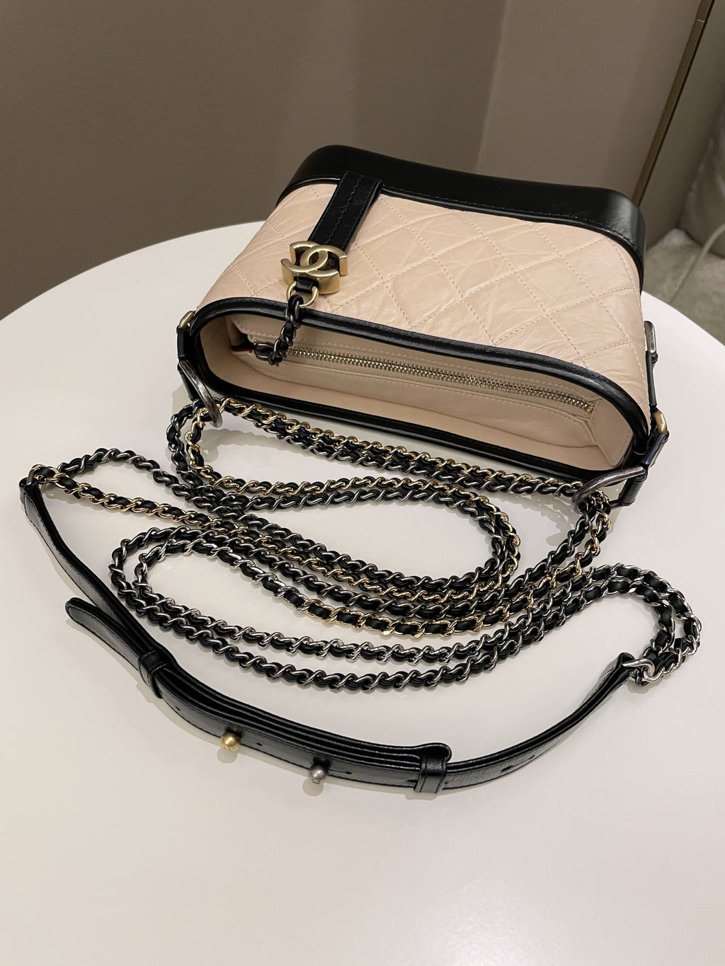 Chanel Quilted Gabrielle Hobo Beige/ Black Aged Calfskin