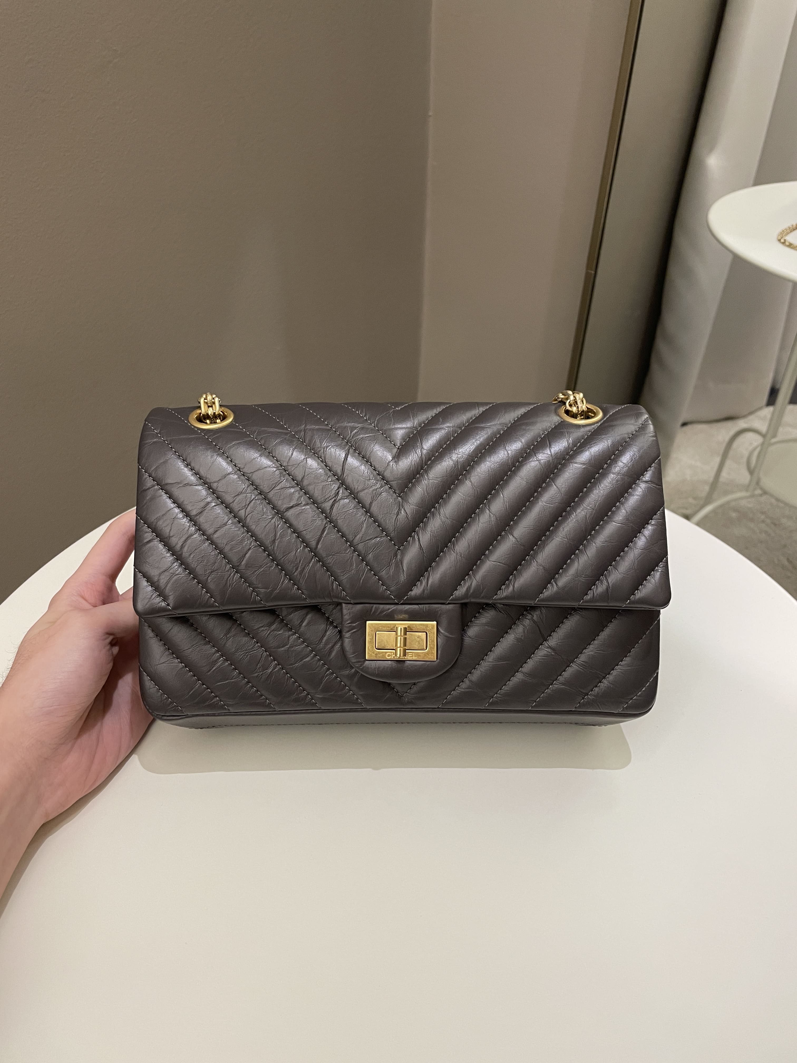 Chanel 2.55 225 Chevron Reissue Double Flap Dark Grey Aged Calfskin