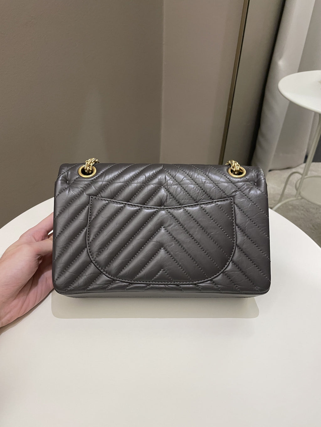 Chanel 2.55 225 Chevron Reissue Double Flap Dark Grey Aged Calfskin