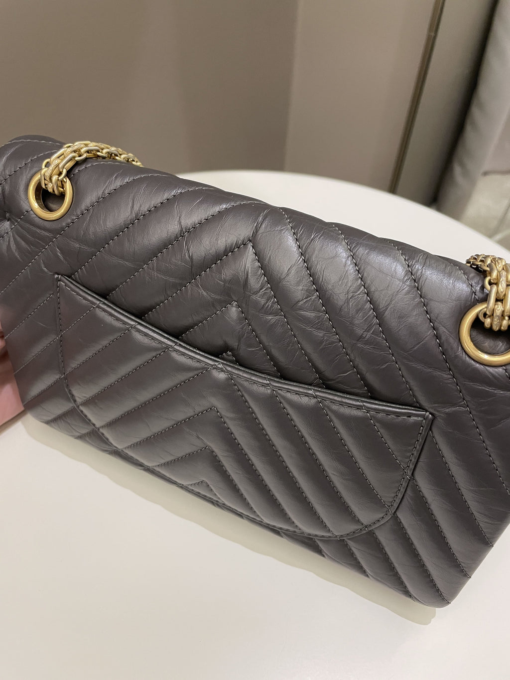 Chanel 2.55 225 Chevron Reissue Double Flap Dark Grey Aged Calfskin