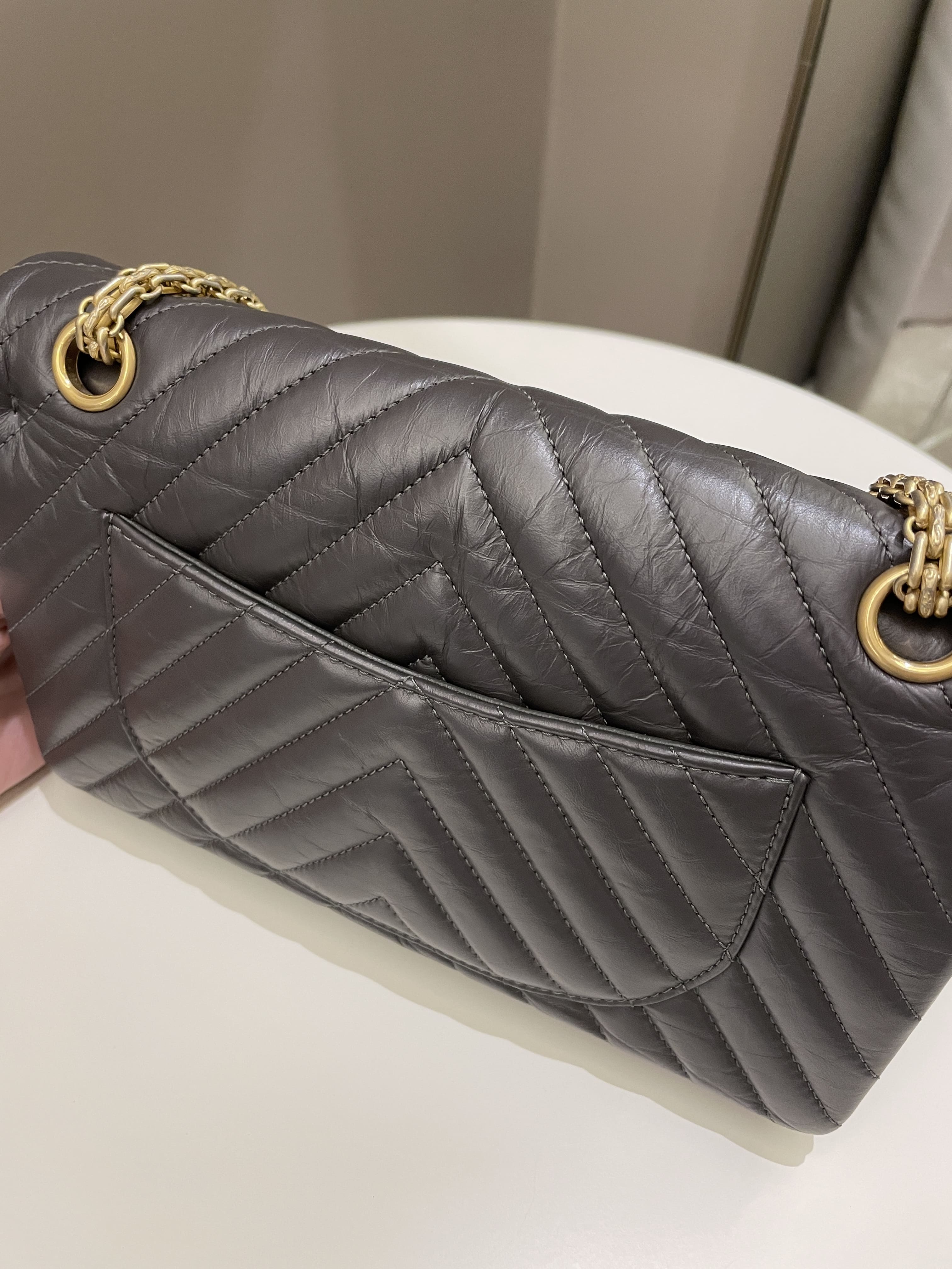 Chanel 2.55 225 Chevron Reissue Double Flap Dark Grey Aged Calfskin