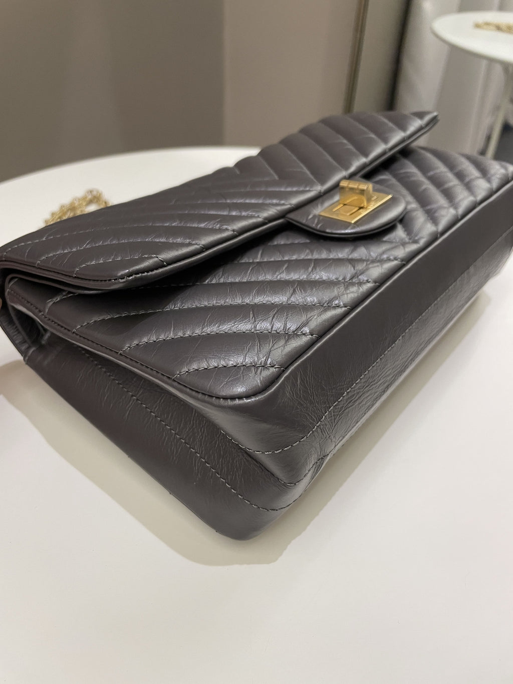 Chanel 2.55 225 Chevron Reissue Double Flap Dark Grey Aged Calfskin