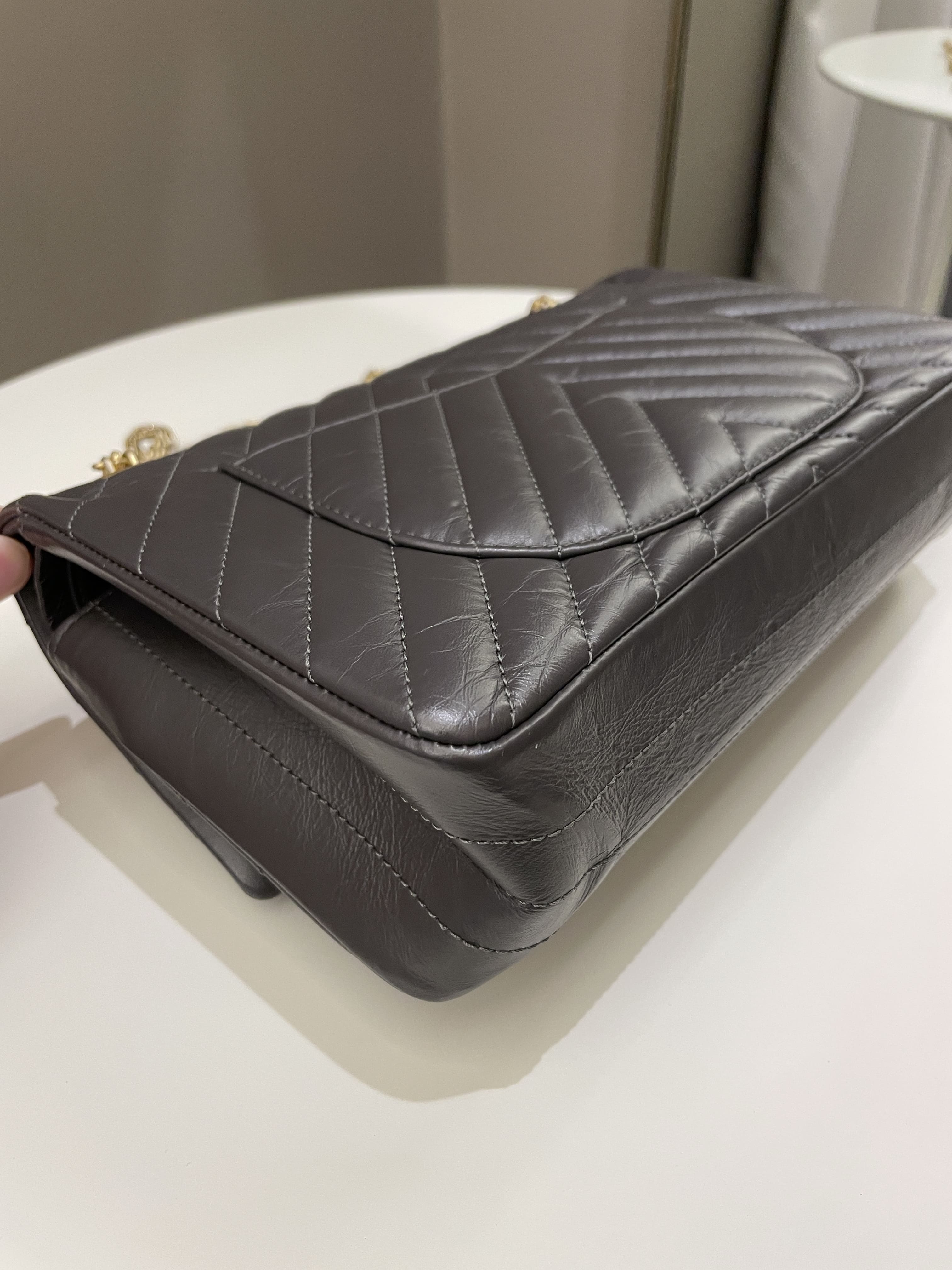 Chanel 2.55 225 Chevron Reissue Double Flap Dark Grey Aged Calfskin