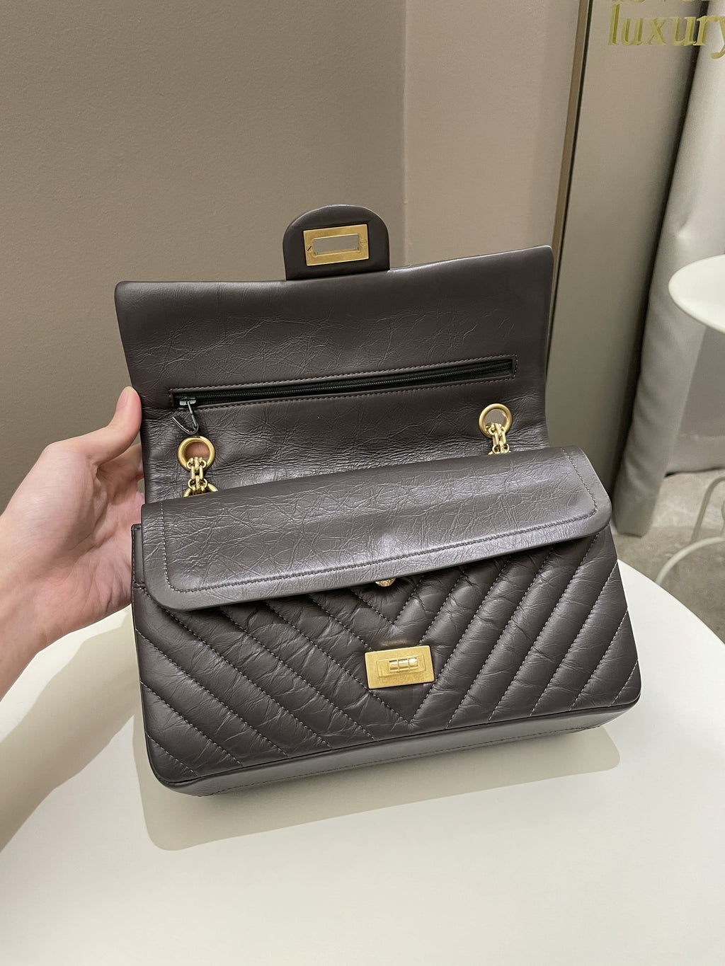 Chanel 2.55 225 Chevron Reissue Double Flap Dark Grey Aged Calfskin