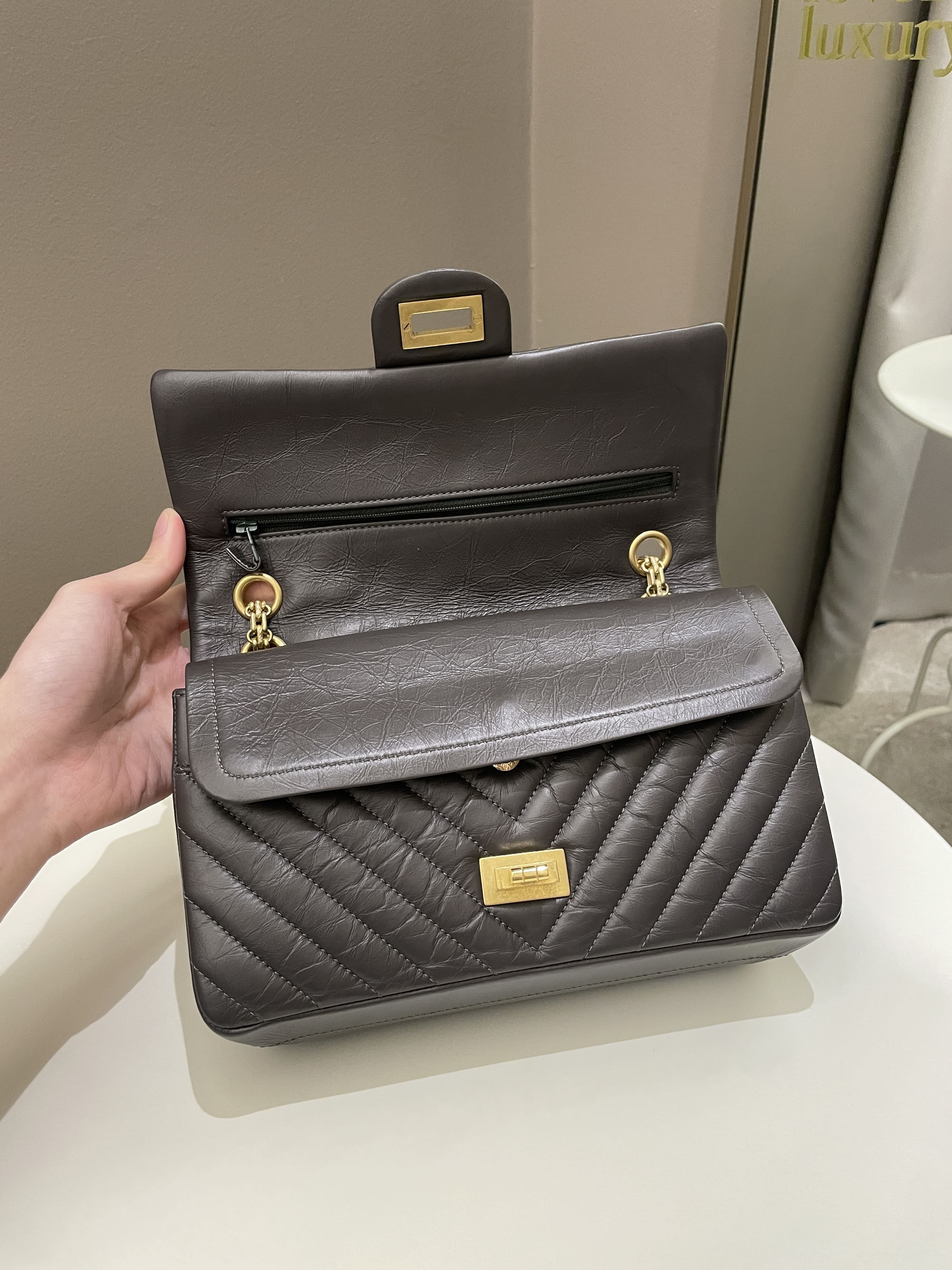 Chanel 2.55 225 Chevron Reissue Double Flap Dark Grey Aged Calfskin